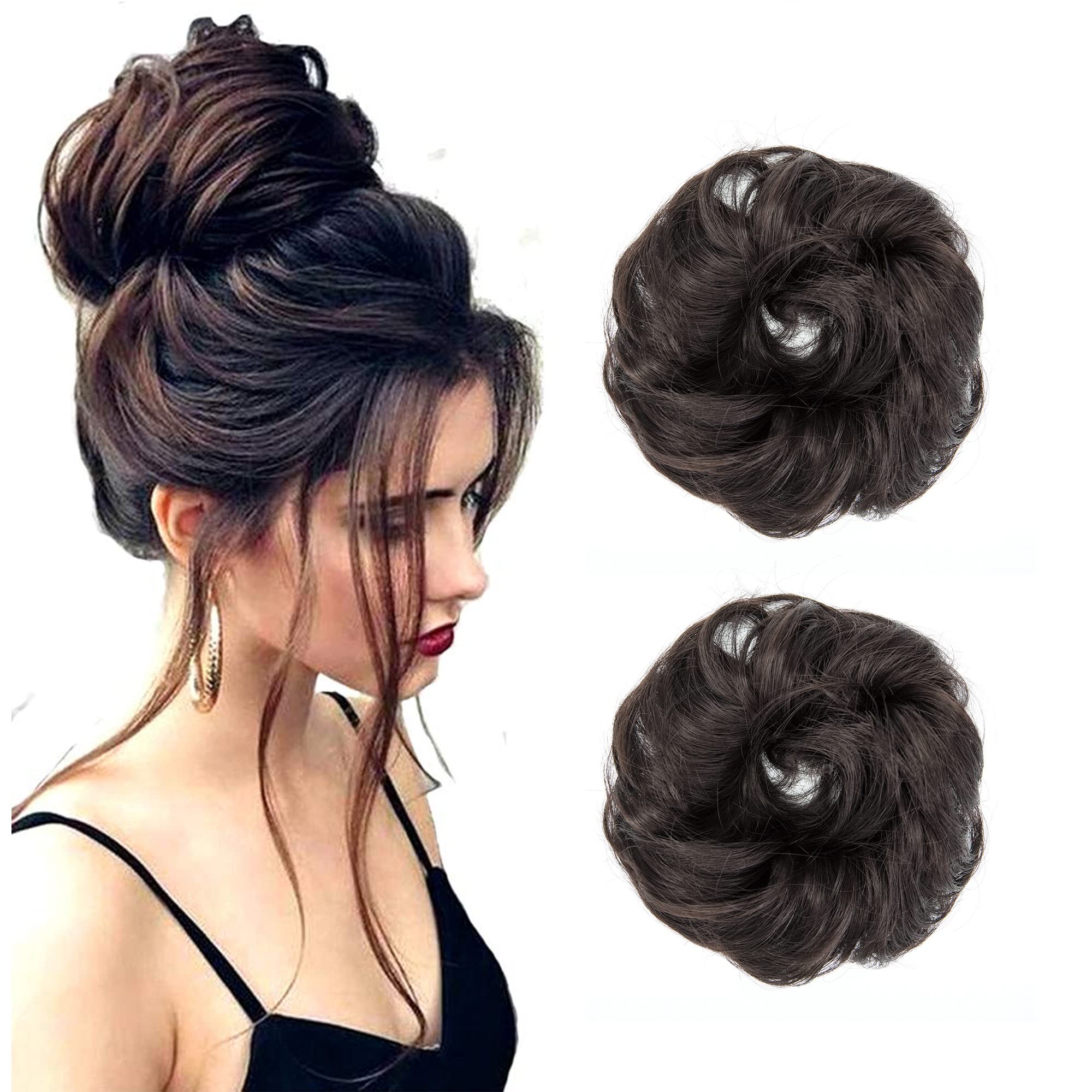 Messy Synthetic Chignon Hairpiece - Easy Bun Hair Extensions for Women | Updos, Ponytail & Scrunchies | Brown (Pack of 2) | Perfect for Weddings, Parties & Everyday Styling