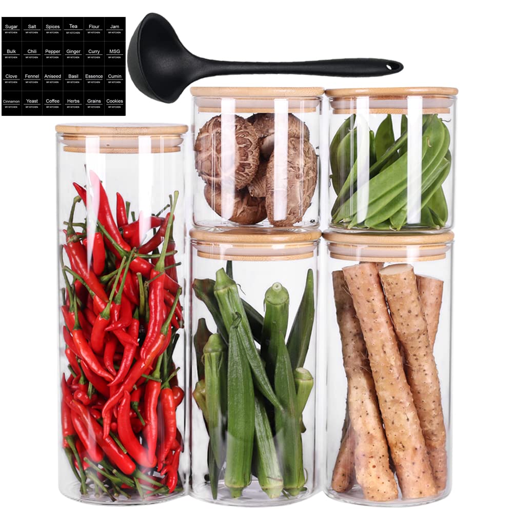 SAIOOL 5-Pack Thick Clear High Borosilicate Glass Food Storage Containers with Bamboo Lids - Airtight Pantry Organization Jars for Tea, Coffee, Spices & Dry Goods - Perfect for Kitchen, Office & Home Storage