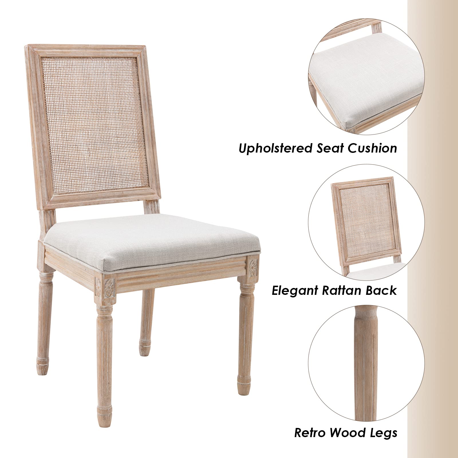 Guyou Farmhouse Dining Chairs Set of 2 - Upholstered Rattan Back French Country Accent Chairs with Distressed Wood Frame for Kitchen, Dining Room & Living Room - Beige Countryside Decor for Cozy Home & Restaurant Use