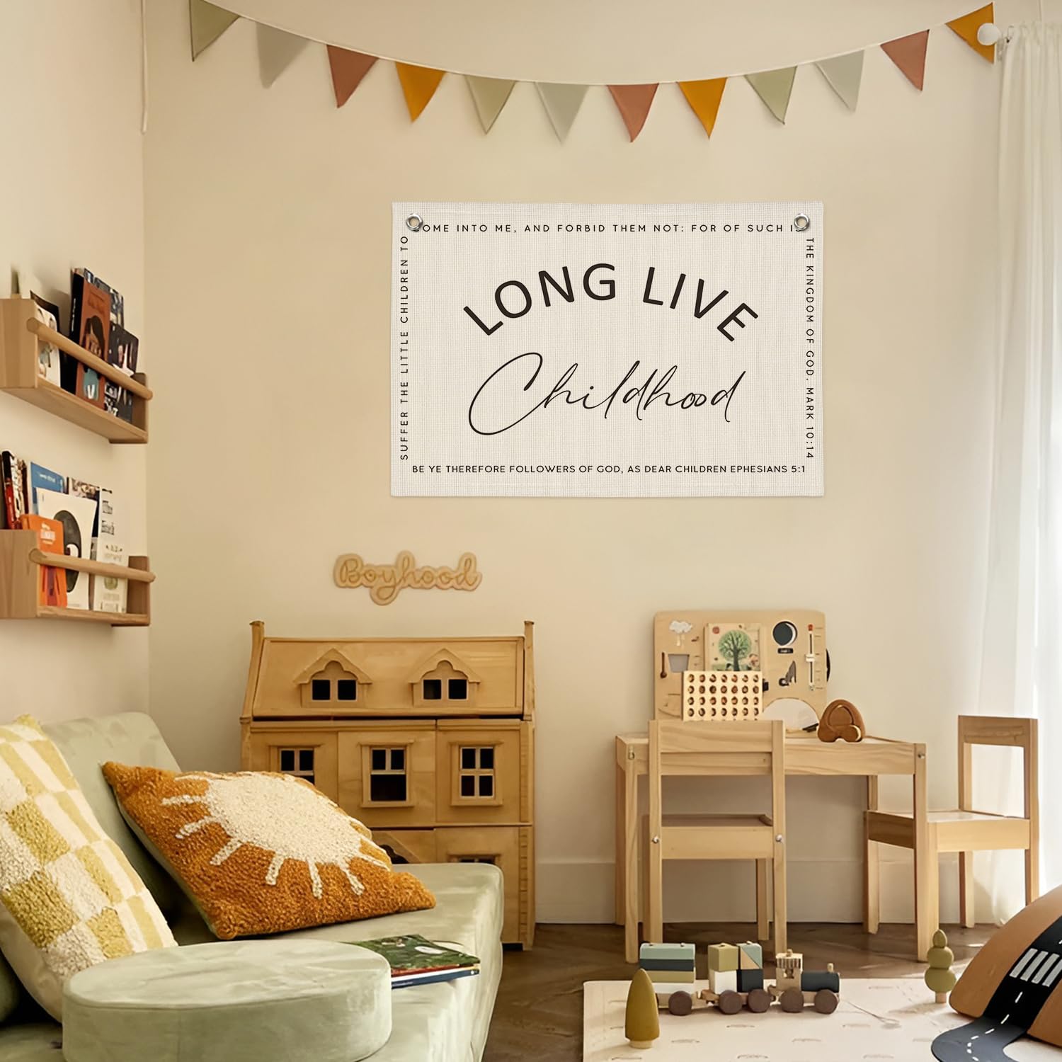 Long Live Childhood Banner - Bible Verse Nursery Decor, Canvas Wall Hanging for Toddler & Kids Room - 30x20 Inch Beige Playroom Decor - Perfect for Baby Showers, Nursery Themes & Christian Home Decor
