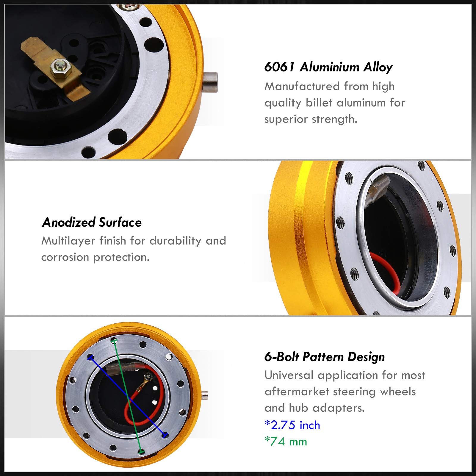 Universal JDM VIP USDM KDM DTM Euro 6-Bolt Quick Release Steering Wheel Adapter Hub Kit - Slim Aluminum Gold Detachable Snap Off Boss for Racing & Drifting - Perfect for Aftermarket Steering Wheel Installation in Sports Cars & Custom Builds