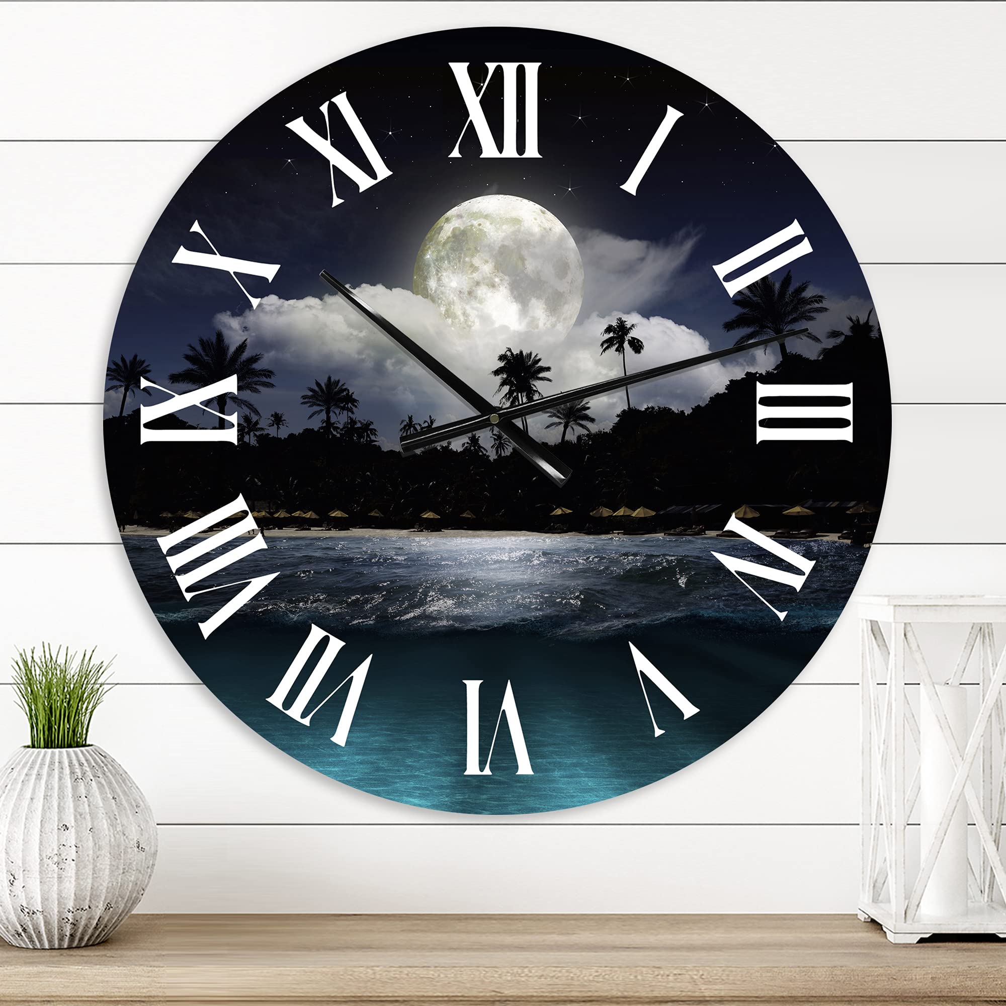 Fishing Boat Under Tropical Full Moon - Modern Large Wall Clock for Living Room Decor | Nature Landscape Art Clock | Perfect for Home, Office & Gift Giving