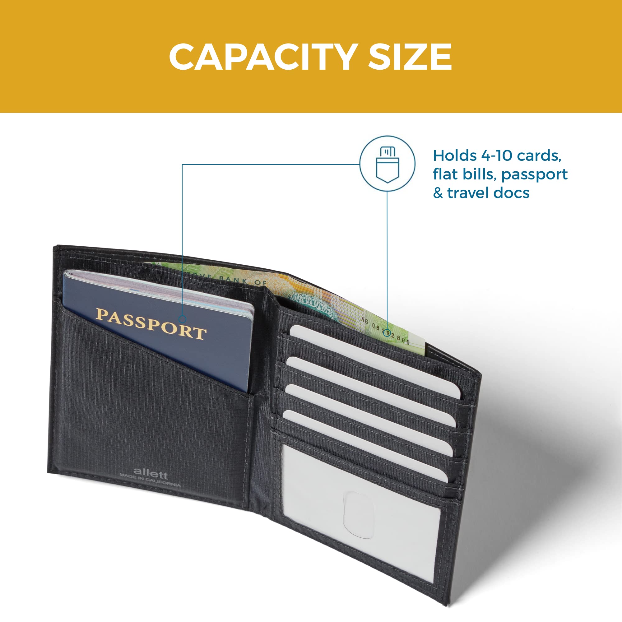 Premium Allett Passport Wallet for Men & Women - Slim RFID Blocking Leather Bifold Front Pocket Wallet - Holds 2-10 Cards + Passport | Travel, Business & Everyday Use