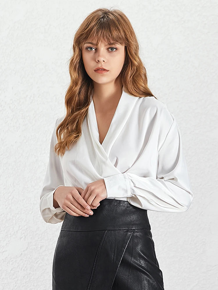 Black Ruched Spring Shirt for Women - V-Neck Long Sleeve Casual Blouse | Solid Color Fashion Top | Perfect for Office Wear, Date Night & Spring Outfits