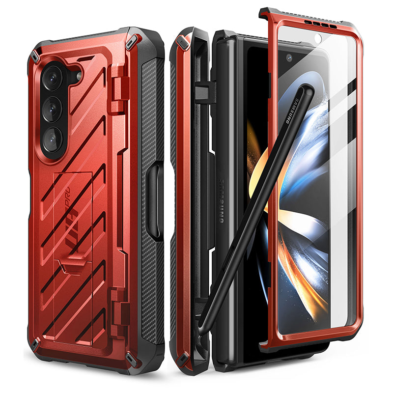 Samsung Galaxy Z Fold 5 Unicorn Beetle PRO Heavy Duty Rugged Case with S Pen Holder - Shockproof Protective Cover for Foldable Phone (Metallic Red) - Perfect for Outdoor Adventures, Work & Travel