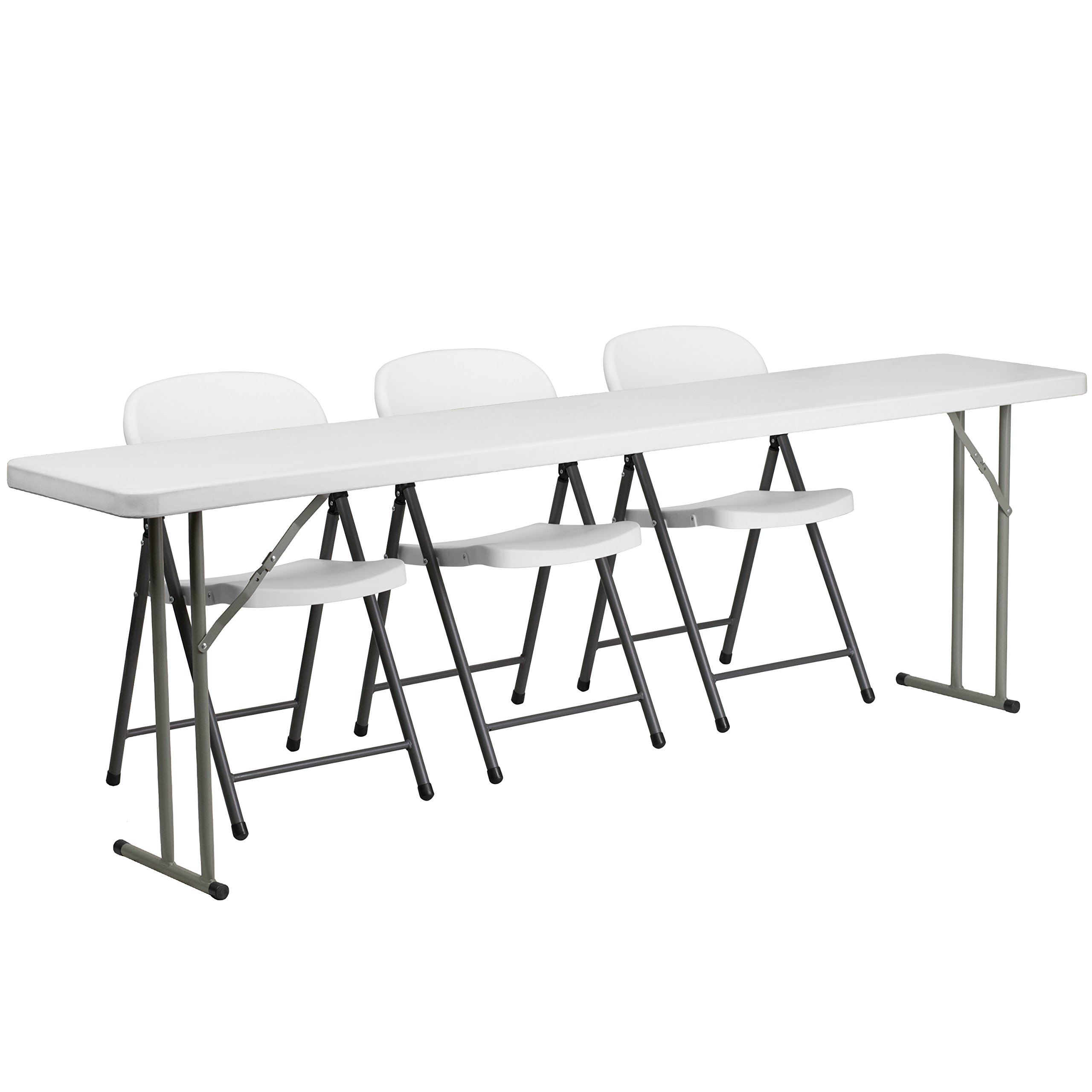 Flash Furniture Kathryn 8-Foot Plastic Folding Training Table Set with 3 White Plastic Folding Chairs - Durable & Portable for Classrooms, Meetings, Events & Home Office Use