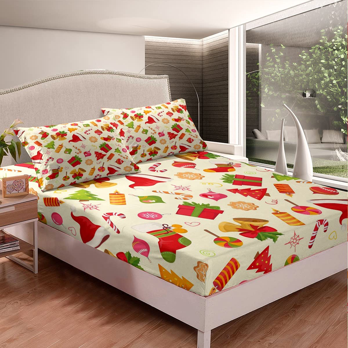 Kids Christmas Bedding Set - Cute Xmas Decor Fitted Sheet & Pillow Sham Set for Children & Toddlers - Cartoon Candy Tree Bell Hat Socks Design - Colorful Bed Cover Queen Size - Perfect for Holiday Bedroom Decor & Christmas Gift Giving