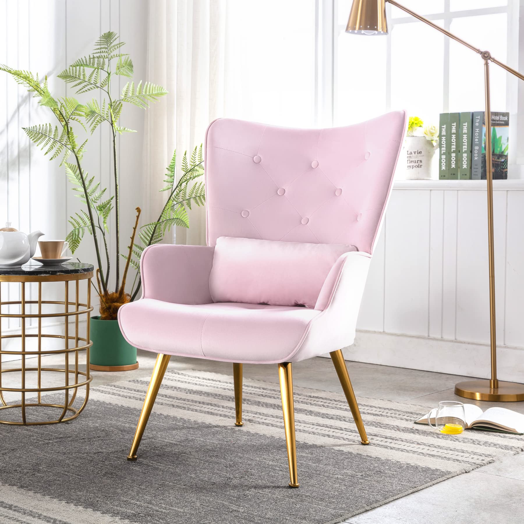 Modern Velvet Accent Chair with Tufted Button Wingback Design - Upholstered Leisure Reading Armchair with Golden Metal Legs & Cushion - Perfect for Living Room, Bedroom, Vanity or Reception Areas (Pink) - Ideal for Relaxing, Reading & Home Decor
