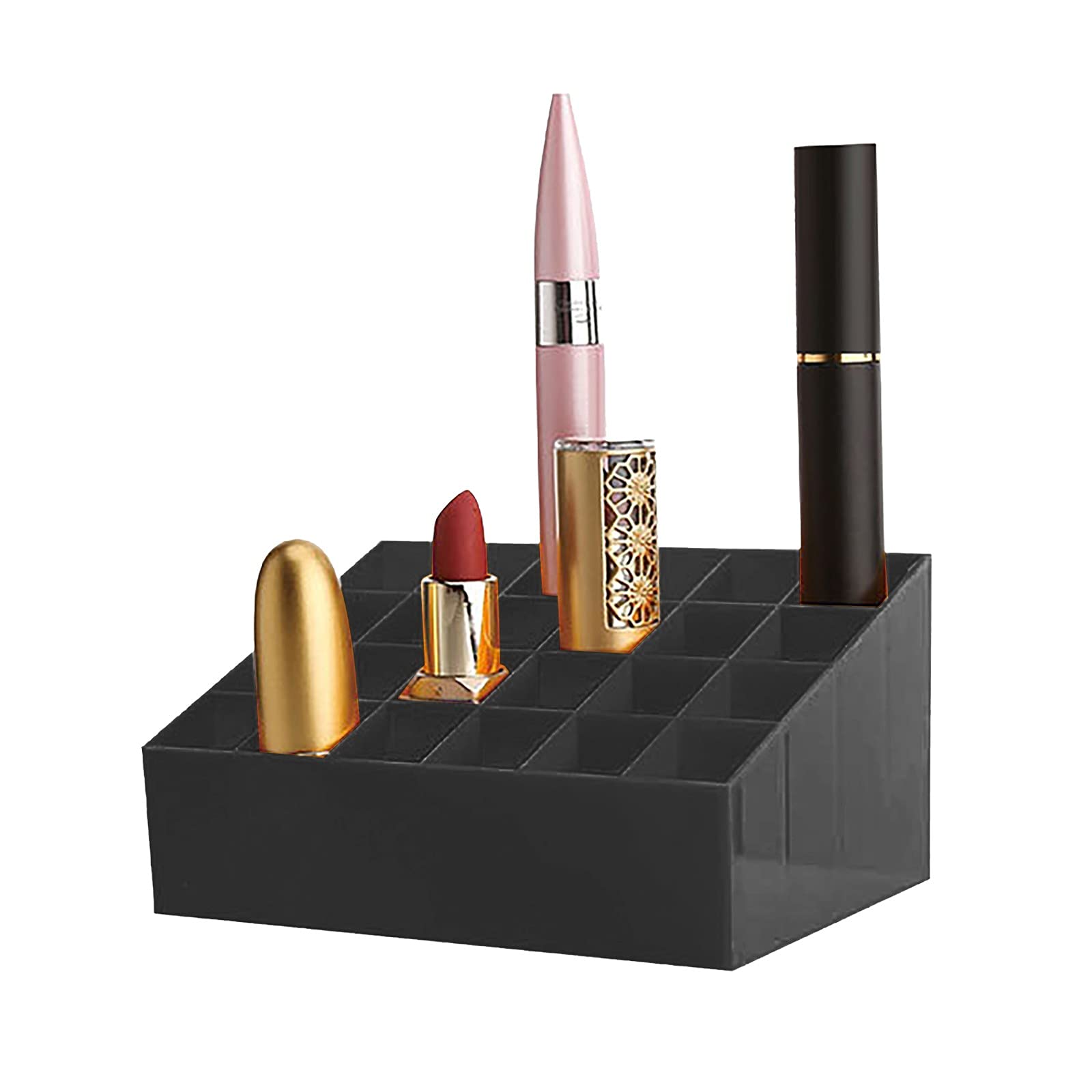 24-Slot Lipstick Organizer Stand - Cosmetic Makeup Desk Organizer for Lip Gloss, Nail Polish & Brushes - Black - Perfect for Vanity, Bathroom & Salon Storage