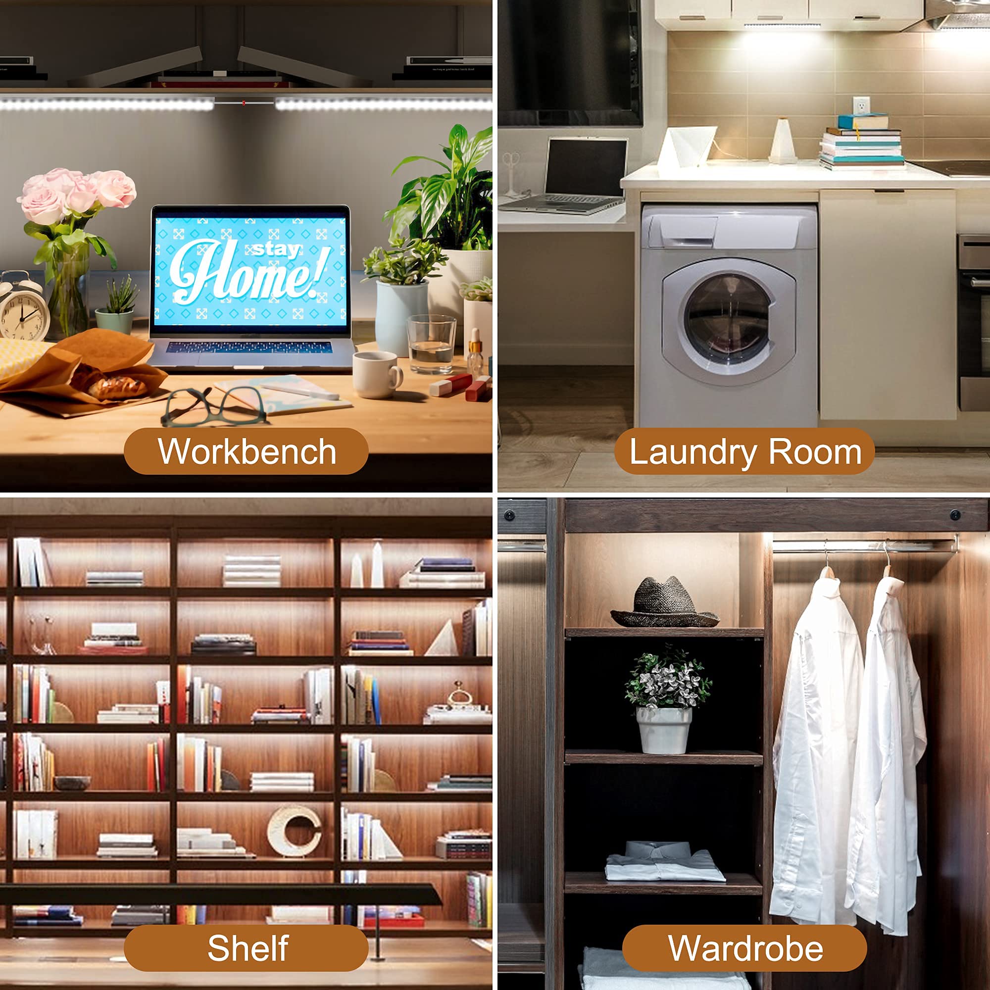 JUSJUBR Plug-in Under Cabinet LED Lighting - 2 Pack 12 Inch Dimmable Closet Lights, 6000K Cool White Linkable USB Light Bars with Memory Function - Perfect for Kitchen Countertops, Office Desks, Workshop & Display Cabinets