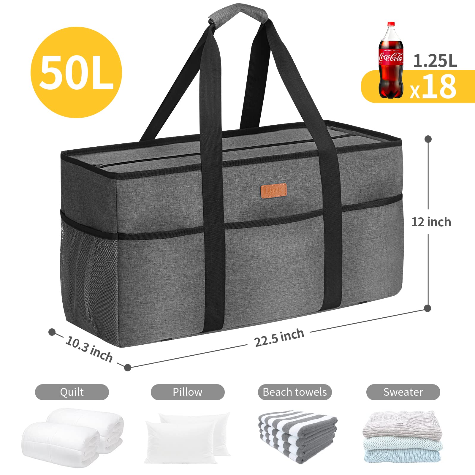 LHZK Extra Large Stand Up Utility Tote Bag with Lid - Reinforced Metal Wire Frame & Sides - Perfect for Grocery Shopping, Beach Trips, and Storage Organization