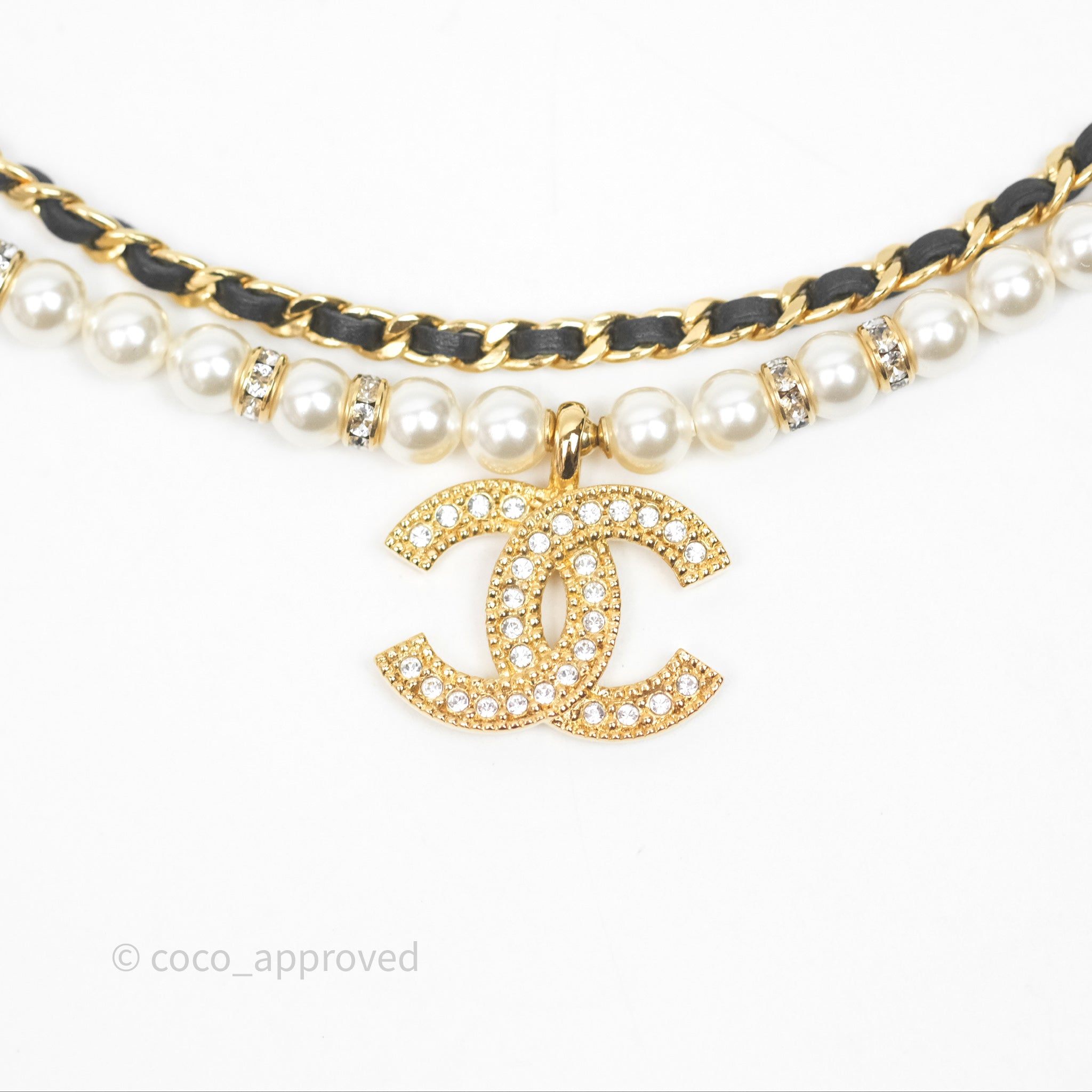 Chanel CC Pearl Crystals Double Layer Necklace 24K Gold Plated Women's Jewelry for Party, Wedding & Special Occasions