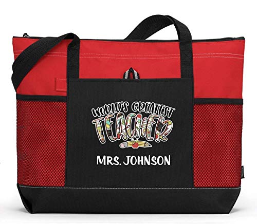 Personalized Teacher Tote Bag - Custom 'World's Greatest Teacher' Gift with Mesh Pockets - Perfect for Classroom, School Supplies & Teacher Appreciation Day