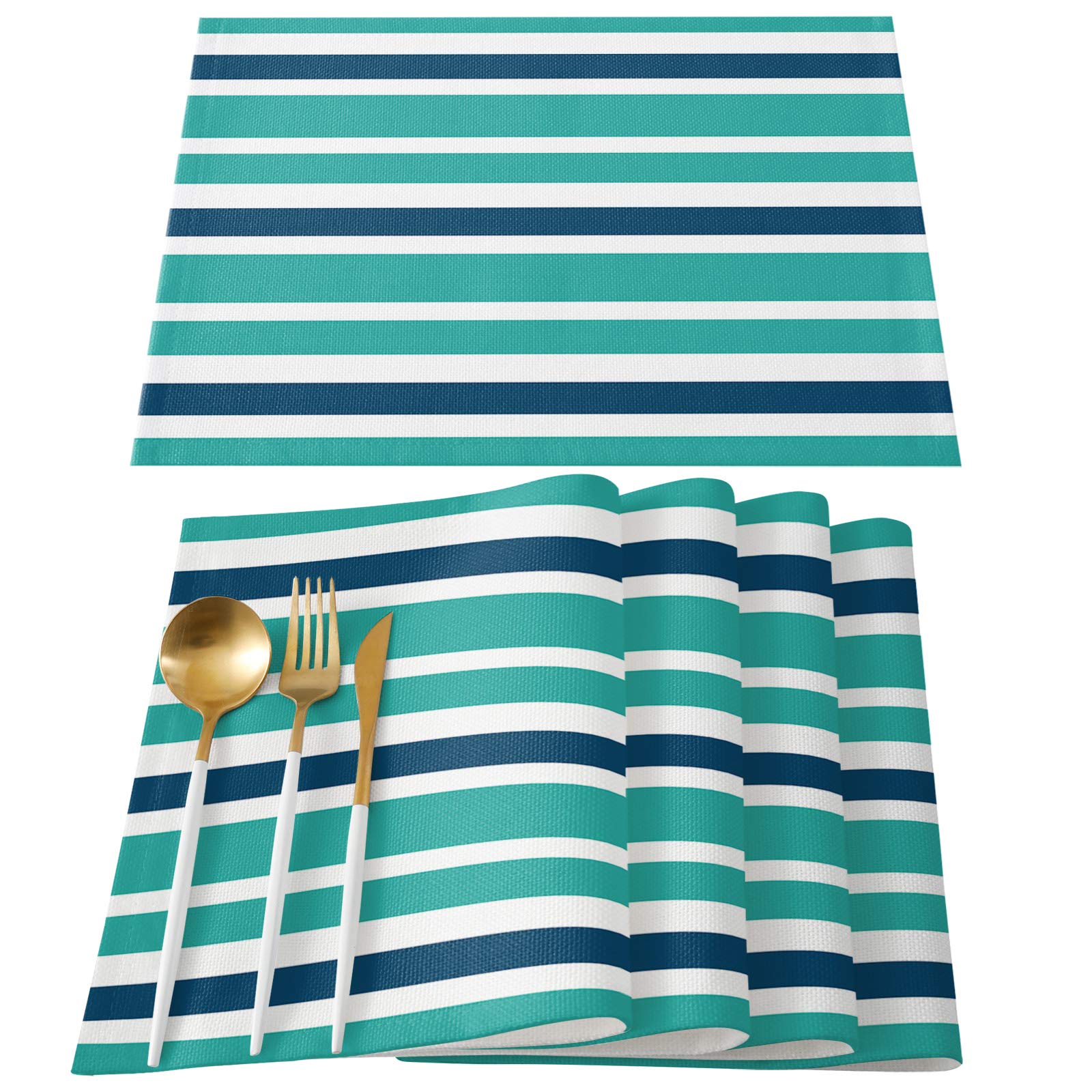 Stylish Round Non-Slip Washable Placemats Set of 4 - Nautical Stripes Design in Navy Blue & Turquoise - Heat Resistant Table Mats for Dining Room, Kitchen, Office - Perfect for Family Meals, Dinner Parties & Daily Use