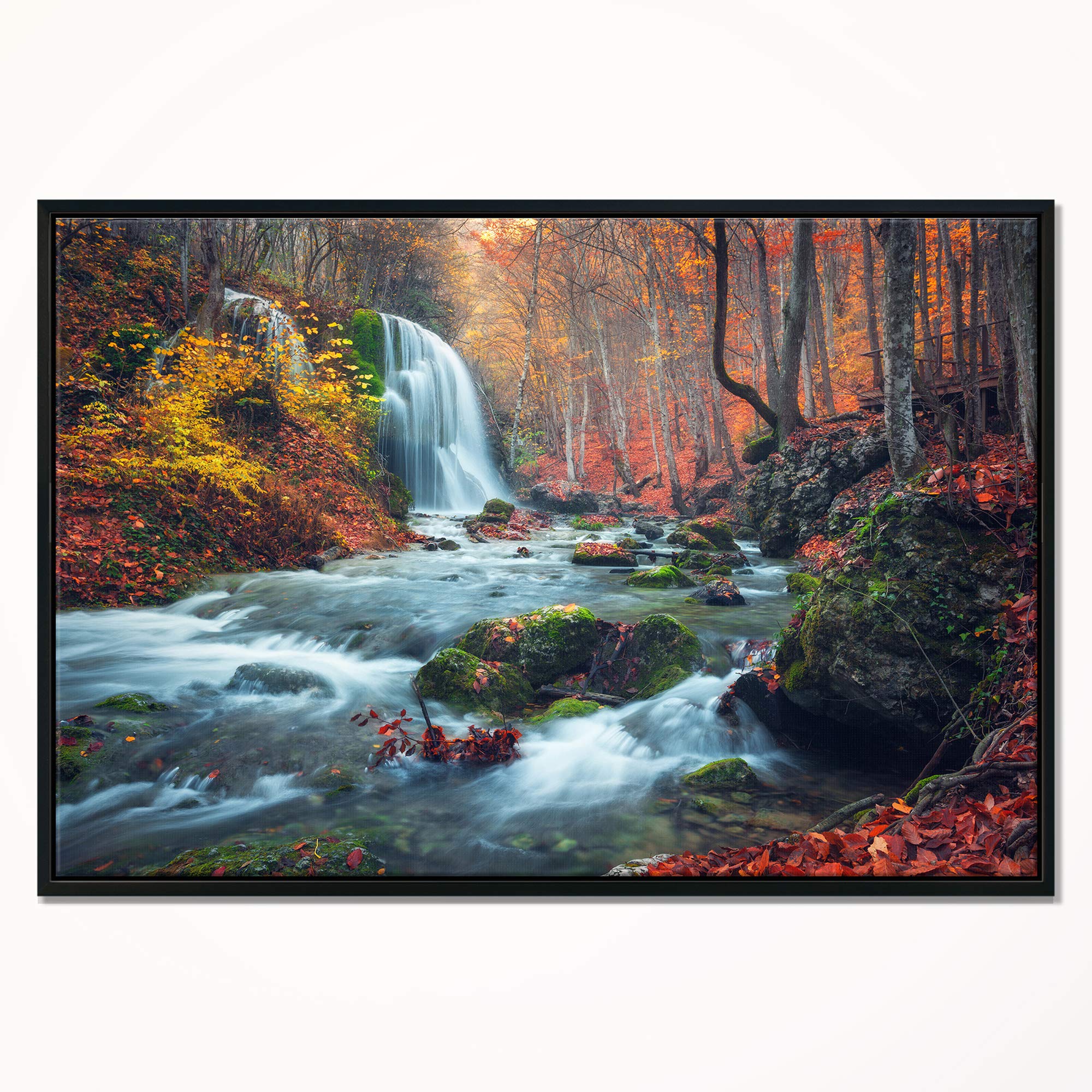 Autumn Mountain Waterfall Landscape Canvas Print - Framed Nature Wall Art for Living Room, Bedroom & Office Decor