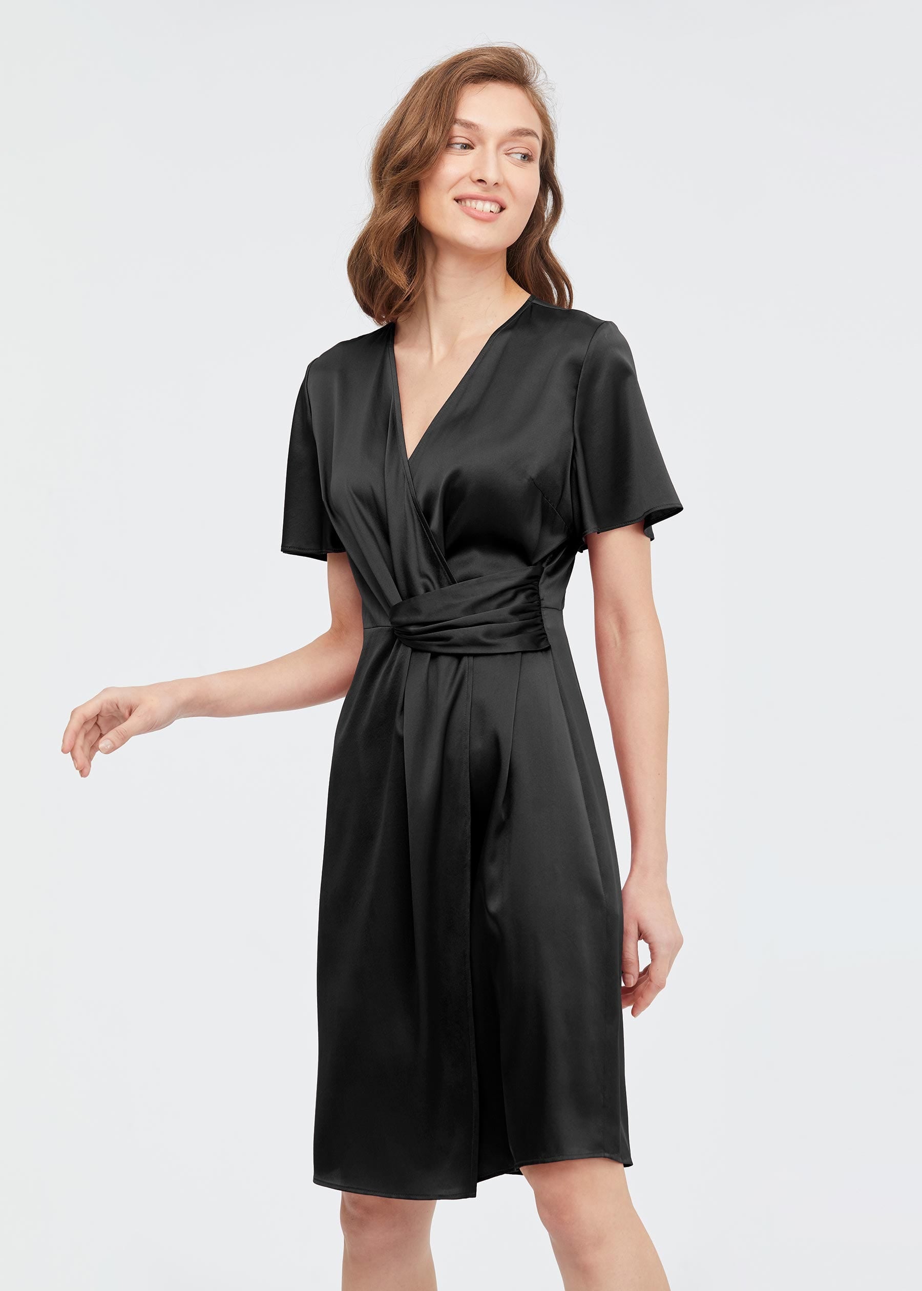 LILYSILK Black Silk Dress with Stylish Overlapping Design - Size L - Elegant & Comfortable for Evening Parties, Weddings & Special Occasions