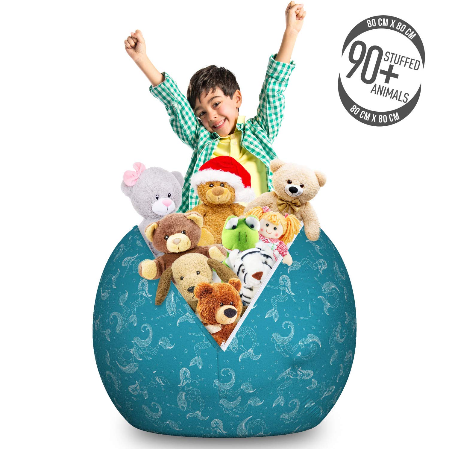Lunarable Mermaid Tail Toy Storage Bag Chair - Large Washable Stuffed Animal Organizer with Cartoon Aquatic Girl Swimming Underwater Bubbles Design in Turquoise Ivory | Kids' Room Decor, Playroom Storage, Birthday Gift for Girls