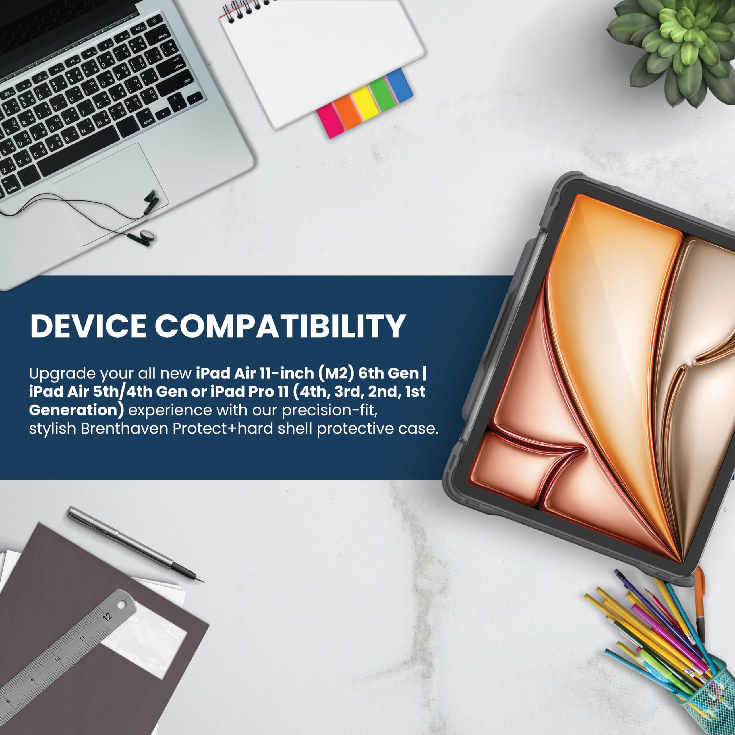 Brenthaven Edge Companion Hard Shell Protective Case for iPad Air 11 inch (M2) 2024 & iPad Air 5th/4th Gen 10.9 inch | iPad Pro 11-inch (4th/3rd/2nd Gen) - Shockproof Cover with Built-in Stand & Apple Pencil Holder - Perfect for Work, Travel & School - Gray