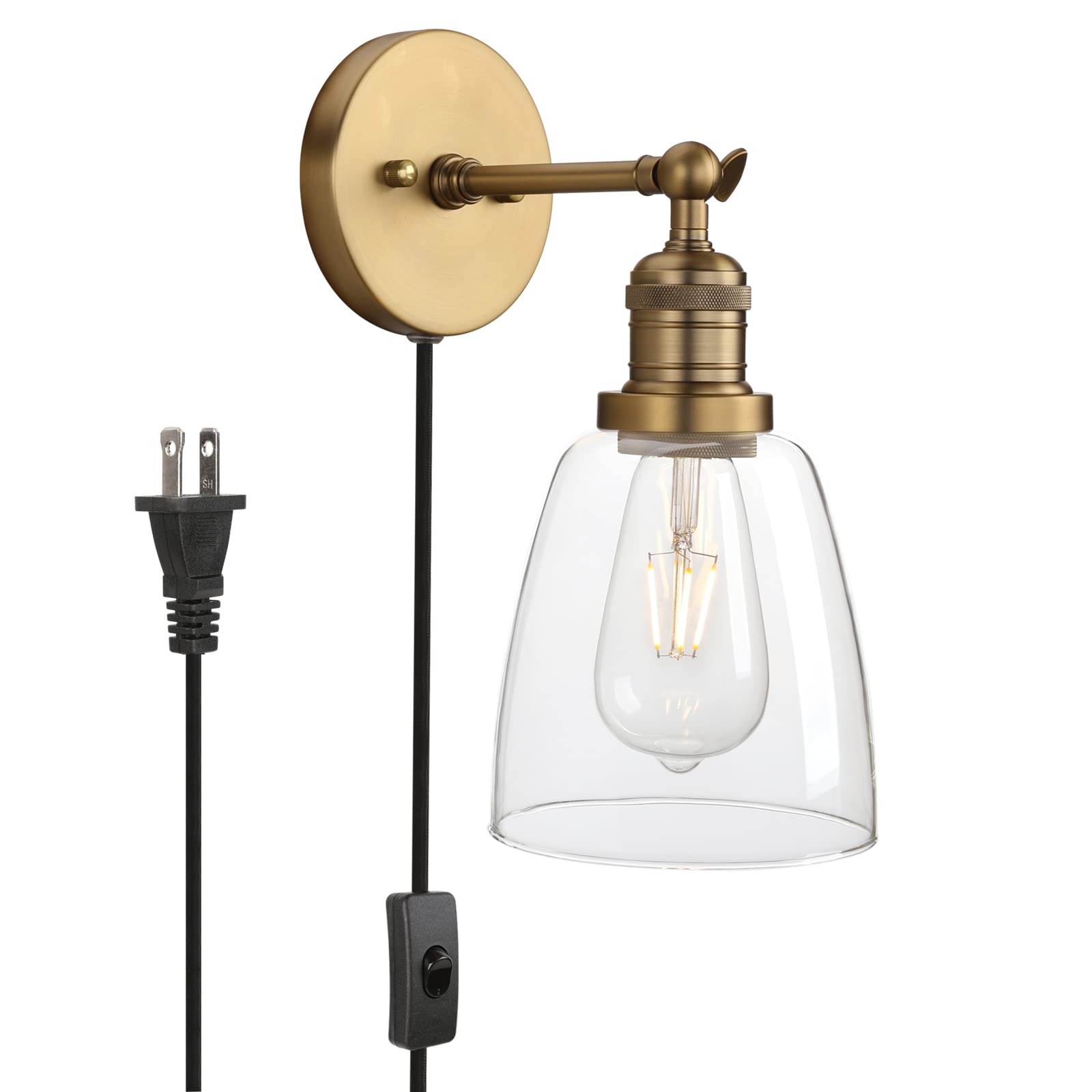 Phansthy Plug-in Wall Sconce with Switch - Antique Bronze Wall Lamp with 5.5 Inch Glass Shade for Bedroom, Living Room & Hallway Lighting