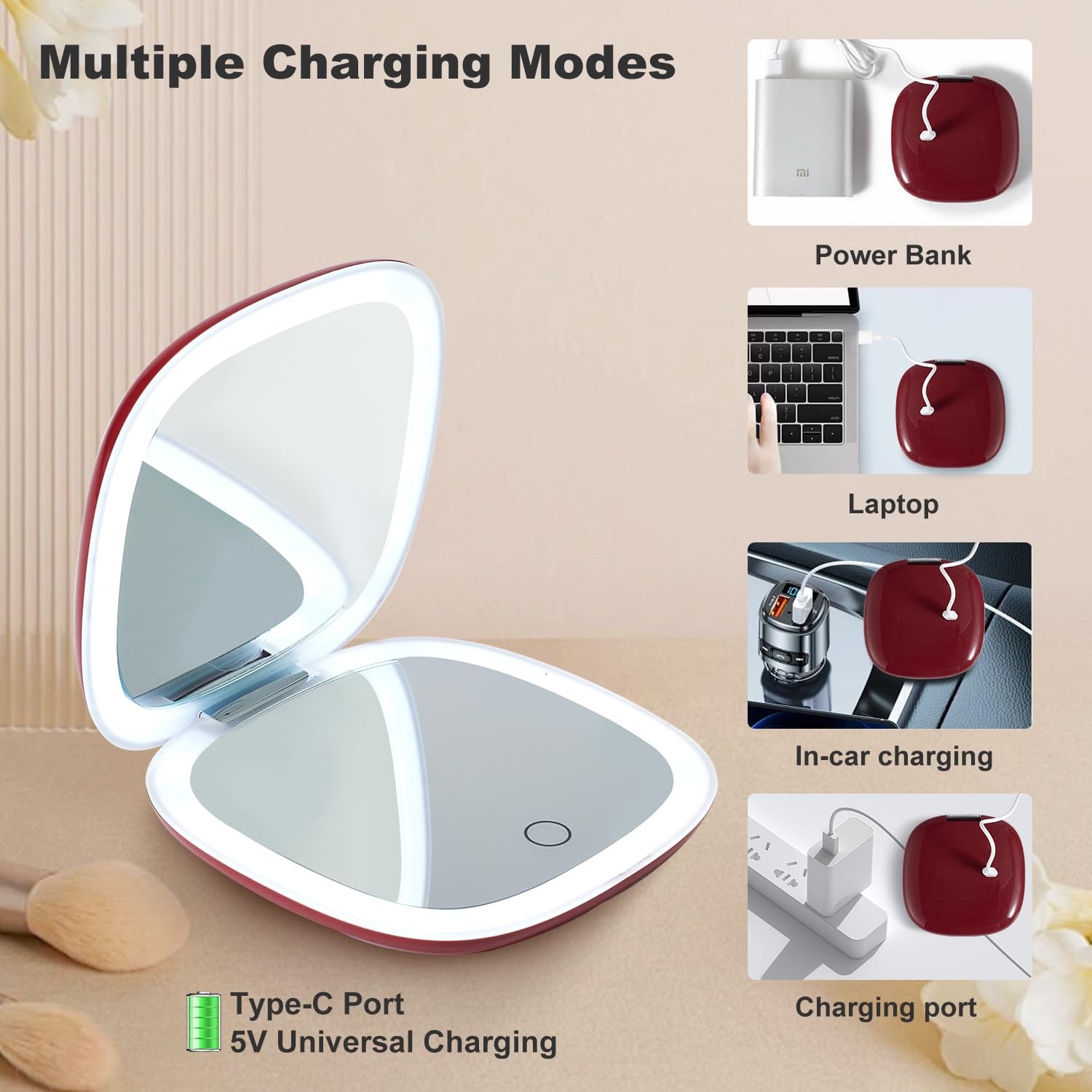 Mocado 4-Inch Compact LED Travel Makeup Mirror - 1X/10X Magnification with Dimmable Light, USB Rechargeable, Dual-Sided Portable Mirror for Purse, Pocket & Travel (Wine Red) - Perfect for Home, Office, Hotel & On-The-Go Touch Ups