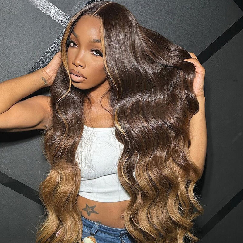 Eullair Honey Brown Skunk Stripe Body Wave Glueless Human Hair Wig with Blonde Lace Frontal - Natural Looking Wigs for Women, Daily Wear & Cosplay