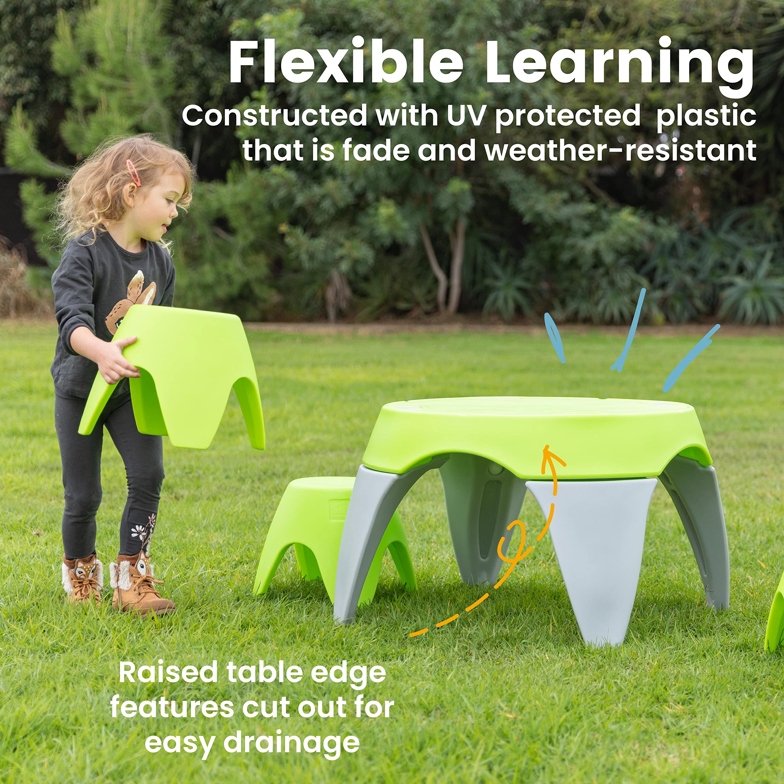 ECR4Kids Ayana 5-Piece Kids Table and Stool Set - Outdoor & Indoor Play Furniture, Lime Green & Light Grey - Perfect for Backyard, Patio, Preschool & Playroom Activities