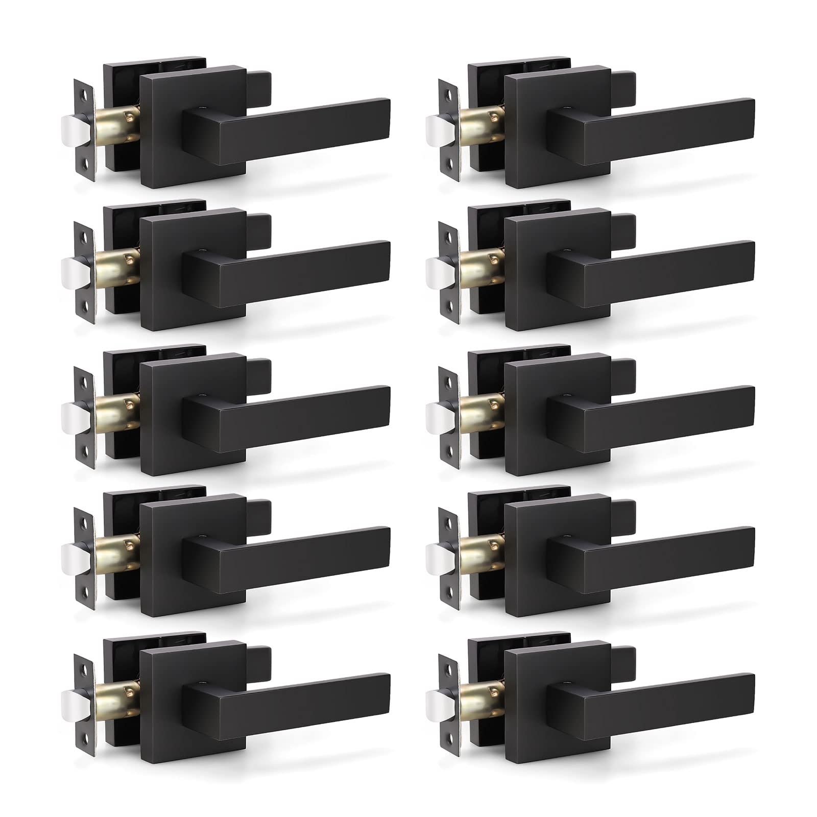 KNOBWELL 10 Pack Square Passage Door Handle - Matte Black Interior Door Levers for Hall, Closet & Bedroom (No Lock/Key) - Perfect for Home, Office & Commercial Spaces