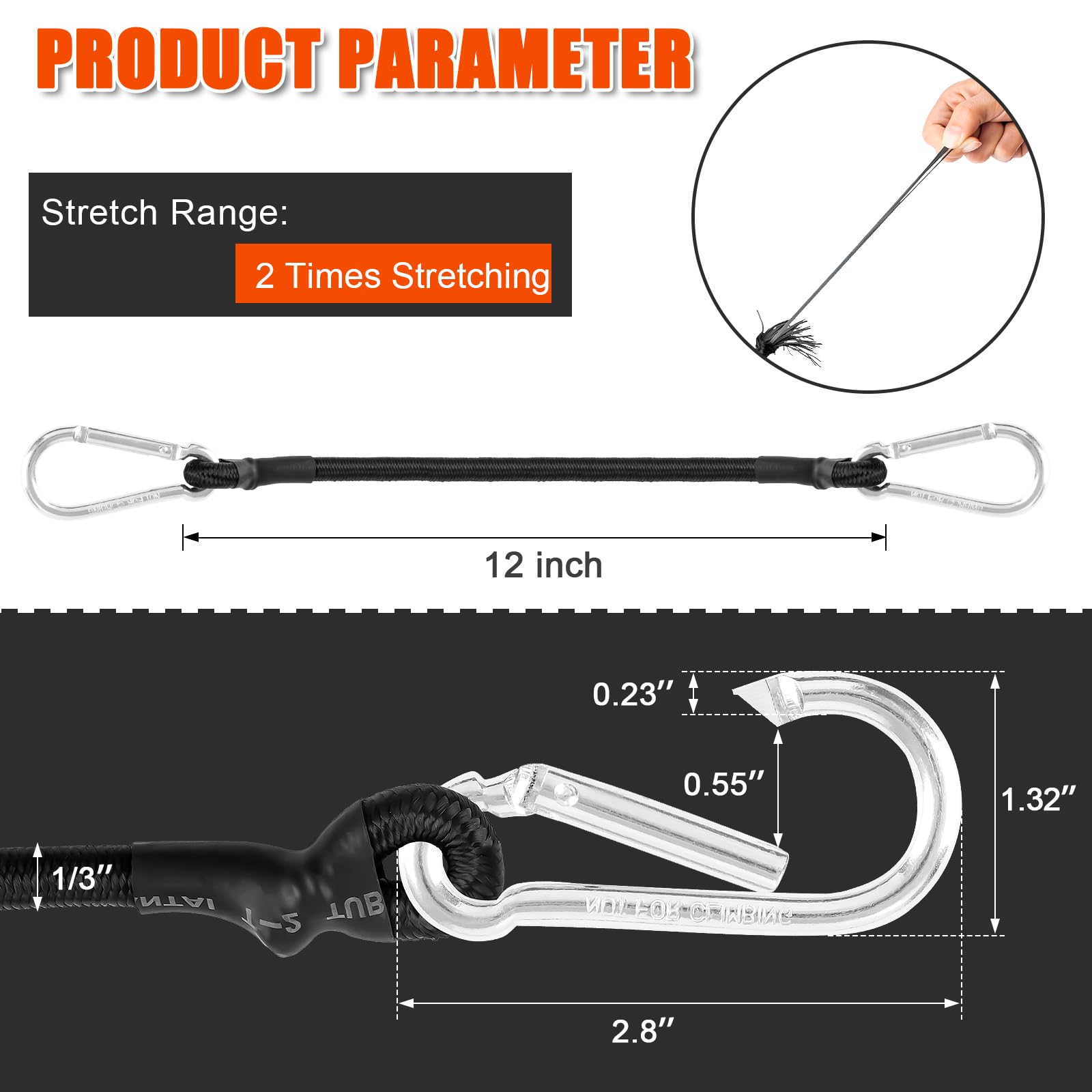 Heavy Duty 12 Inch Bungee Cords with Carabiner Hooks - 1/3 Inch Thick Black Elastic Straps (6 Pack) - Perfect for Camping Gear, Bike Racks, RV Cargo, Tarp Tie Downs, Tent Securing & Luggage Straps - Outdoor & Home Organization Essentials