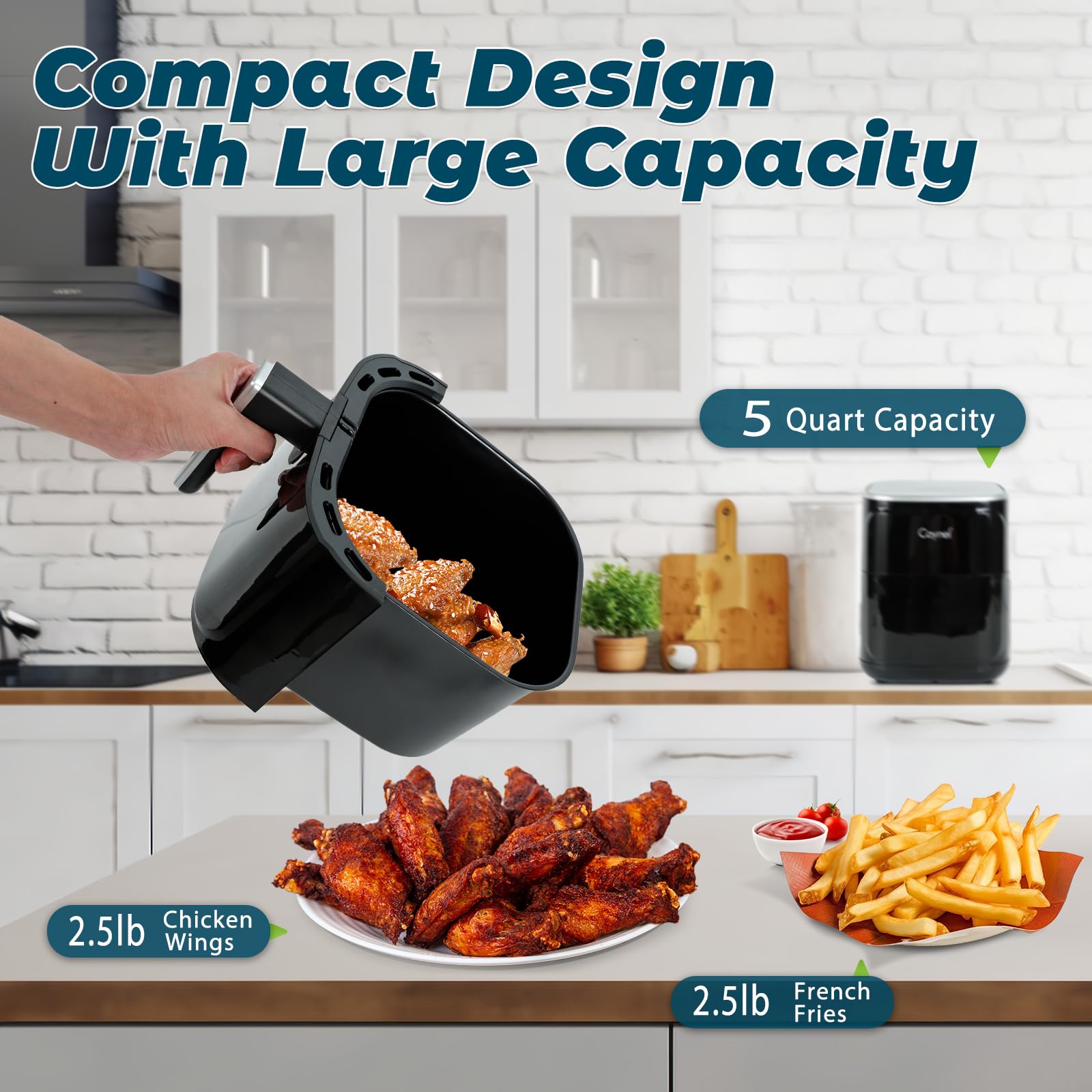 CAYNEL 5QT Digital Air Fryer Oven with 8 Presets, Oil-Free Nonstick Cooker & Detachable Double Basket - Healthy Cooking for Family Meals, Snacks & Quick Dinners (Black)