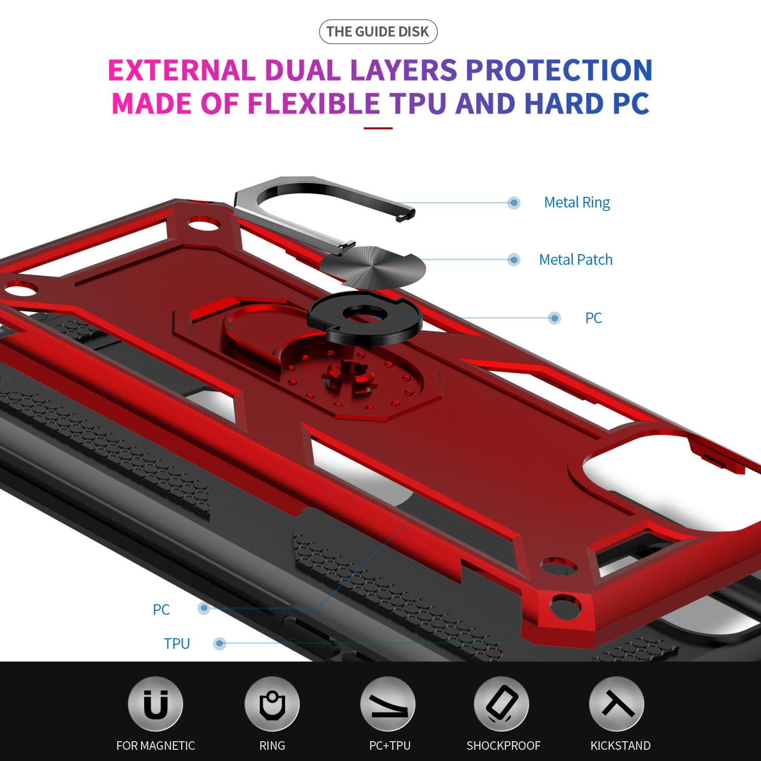 LeYi iPhone 12 Pro Max Case with [2 Pack] Tempered Glass Screen Protector & Camera Lens Cover - Military-Grade Shockproof Phone Cover with Kickstand for Men & Women (Red) - Perfect for Outdoor Activities, Travel & Daily Protection