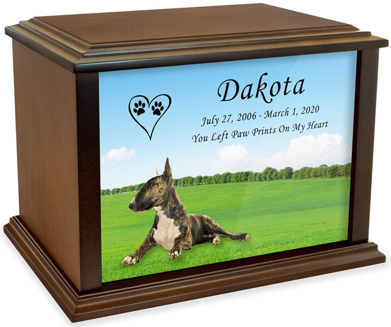 Custom Engraved Bull Terrier Pet Memorial Urn for Ashes - Personalized Wooden Dog Cremation Urn - Medium Size Holds Up to 100lbs - Perfect for Home Memorials & Pet Loss Remembrance