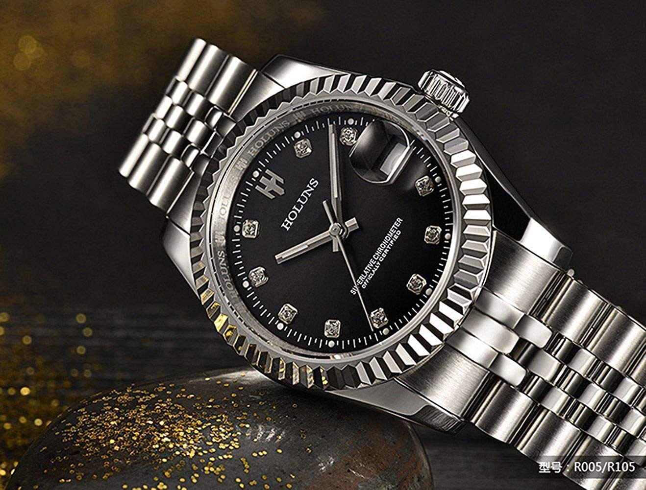 Gosasa Men's Gold Stainless Steel Automatic Mechanical Self-Winding Watch - Luxury Dress Wristwatch for Business, Formal Events & Gifts