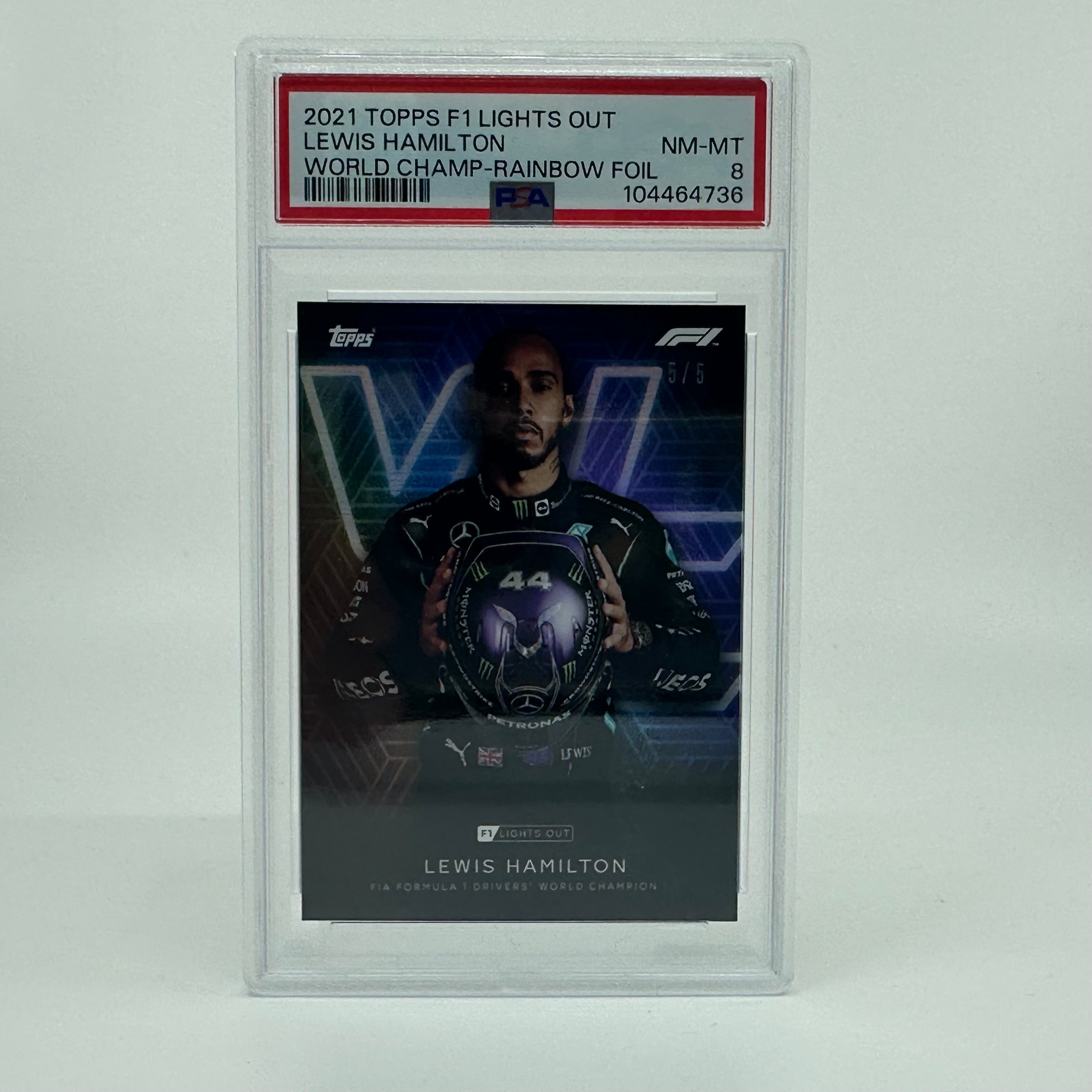 PSA 8 Graded 5/5 Lewis Hamilton Driver World Champion Rainbow Foil Trading Card - Perfect for Collectors, Sports Memorabilia Enthusiasts, and F1 Racing Fans