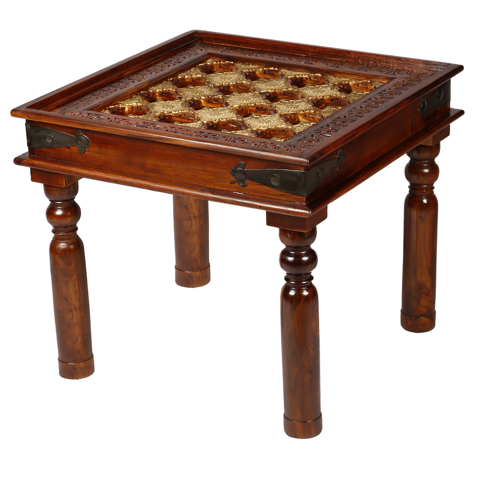Antique Brass Embossed Solid Wood Indian Side Table - 60x40x75cm Brown - Perfect for Living Room, Bedroom & Office Decor