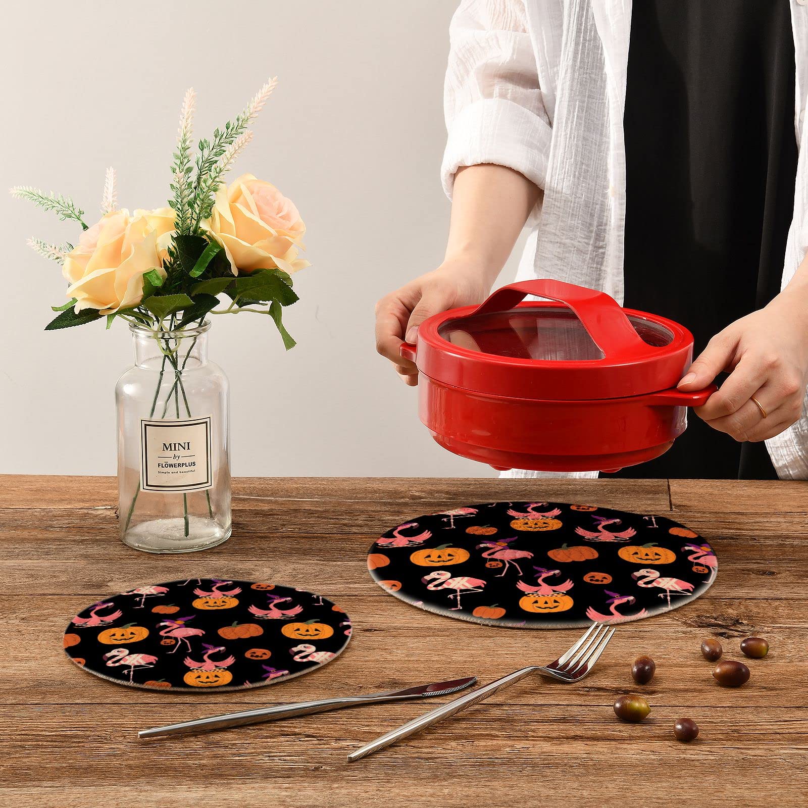 **Pink Flamingo Halloween Trivets - 2 Pack Heat Resistant Pot Holders for Hot Dishes, Pans & Bowls - Autumn Cotton Weave Kitchen Decor for Thanksgiving & Fall Parties**    *(Use for holiday dinners, pumpkin decor, or as festive kitchen accents!)*