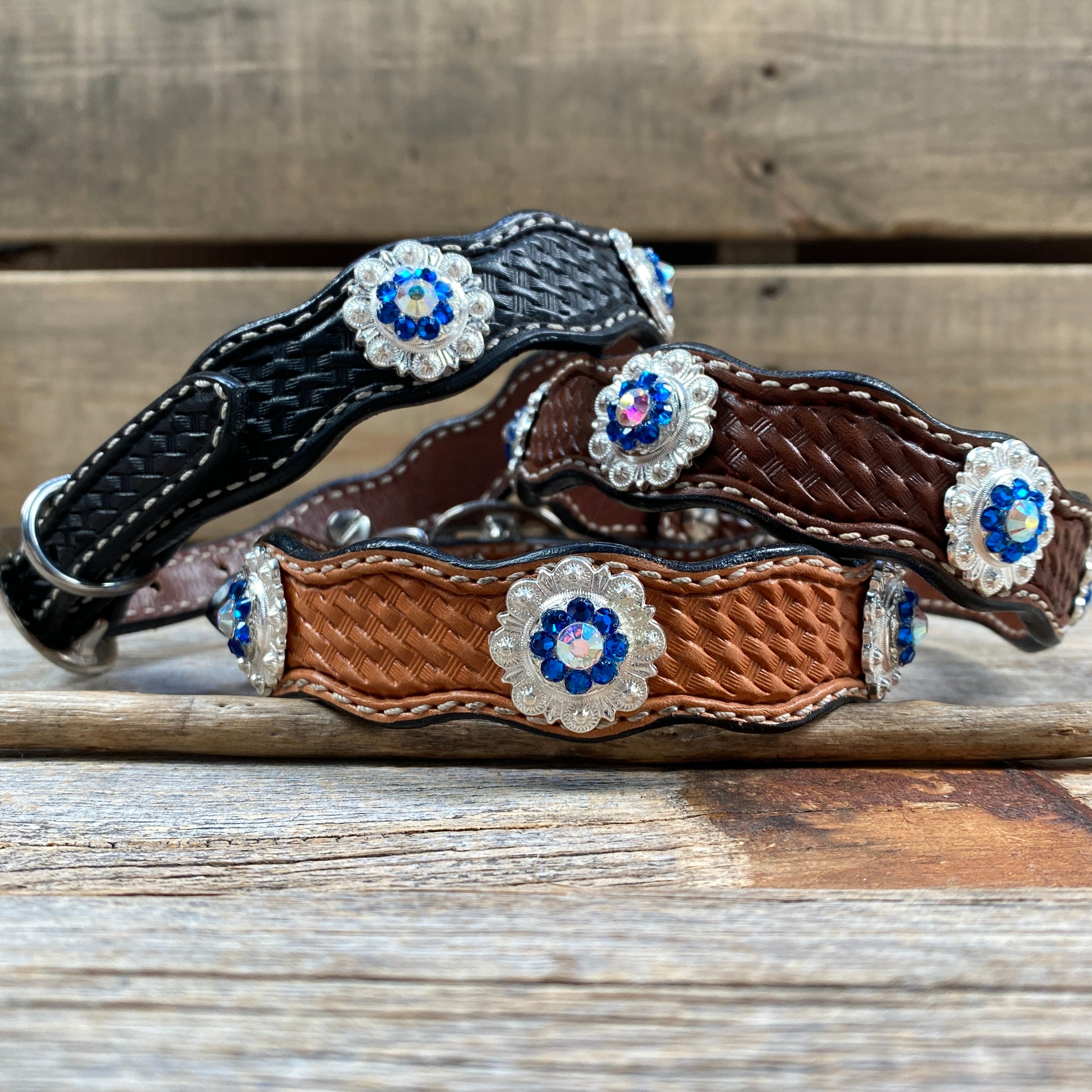 Premium Genuine Leather Dog Collar with Shiny Silver Capri & AB Conchos - Adjustable 10-22 Inches (DC48) - Durable & Stylish for Daily Walks, Training & Outdoor Adventures