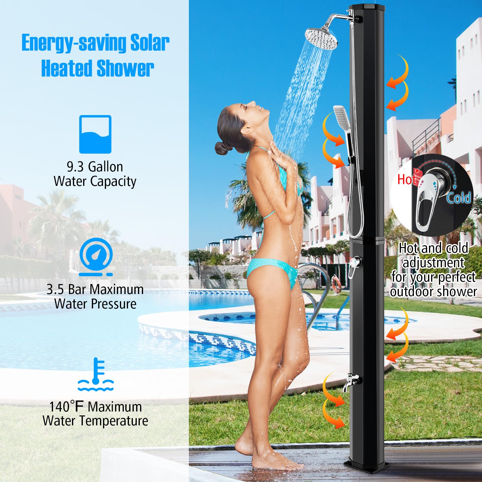 Goplus 9.3 Gallon Solar Heated Outdoor Shower - 7.2 FT Freestanding Garden Shower with 360° Swivel Shower Head, Foot Shower & Temperature Adjustment - Perfect for Poolside, Backyard, Beach & Camping (Black with Handle Head)