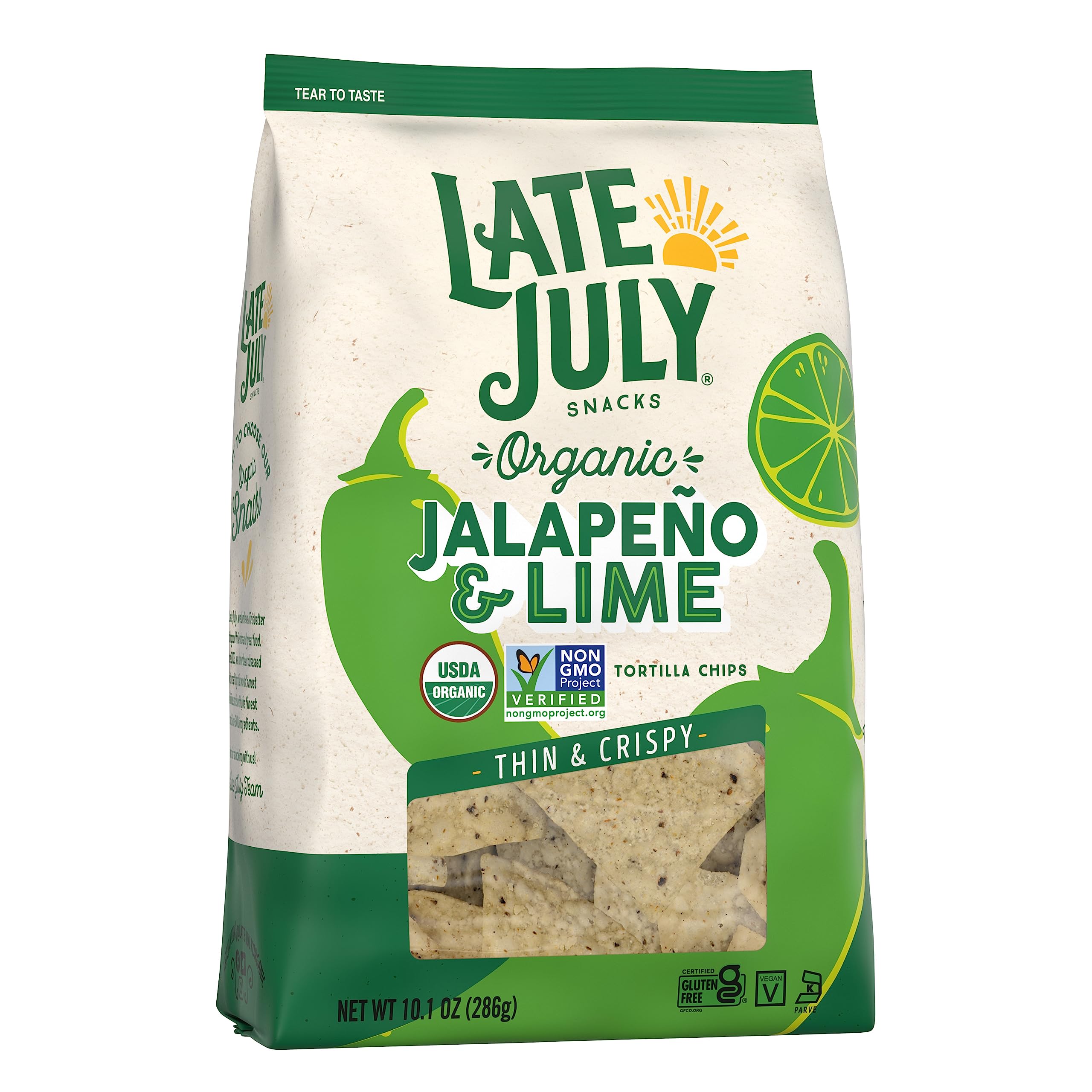 Organic Thin & Crispy Jalapeño Lime Tortilla Chips by Late July - 10.1oz (Pack of 9) | Gluten-Free, Non-GMO Snacks for Parties, Movie Nights & Healthy Snacking