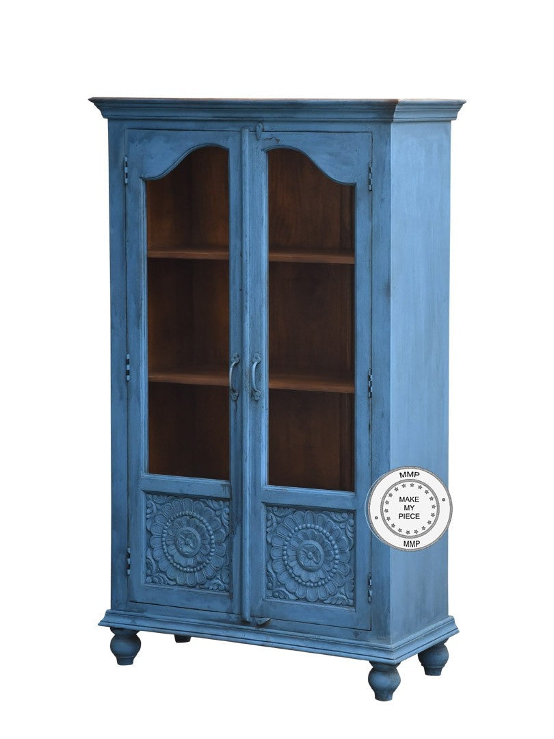Hand Carved Floral Indian Wooden Bookshelf Cabinet in Blue - Perfect for Home Decor, Living Room Storage & Boho Style Interiors