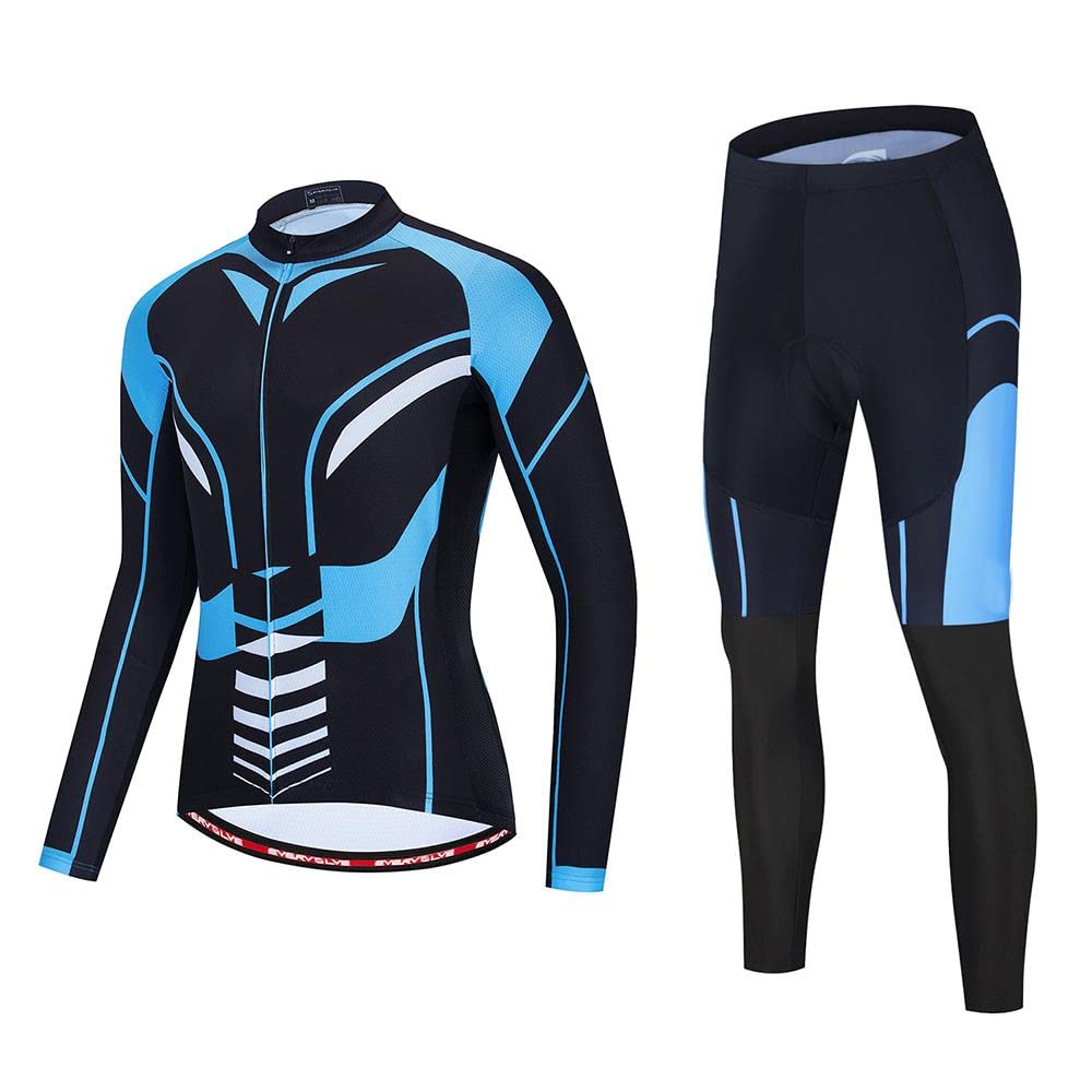 Men's Cycling Jersey Set - Long Sleeve Bike Shirt & Padded Bicycle Pants with 20D Gel - Comfortable Cycling Gear for Road Biking & Mountain Biking