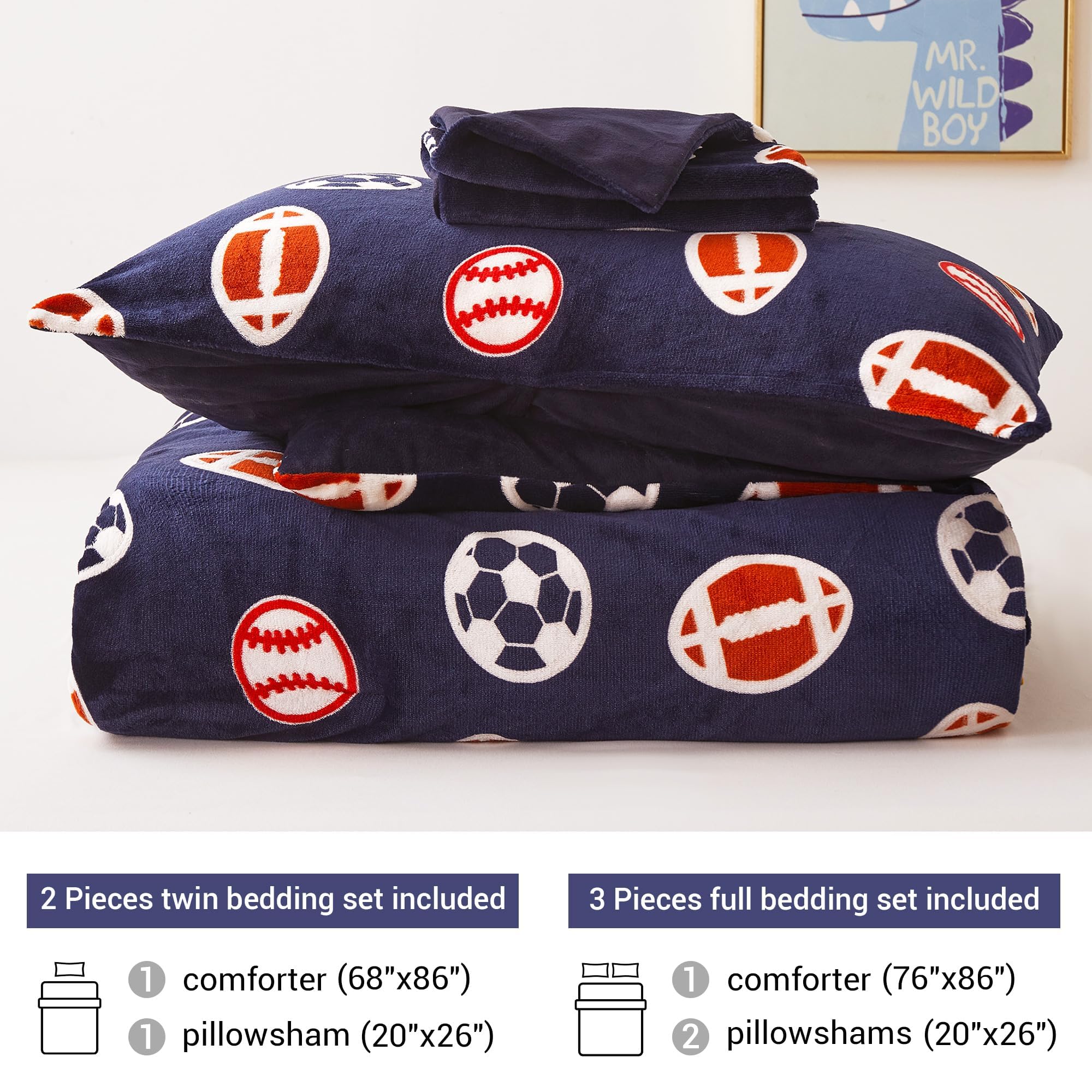 Mooreeke Glow in The Dark Twin Plush Fleece Comforter Set - Soft & Warm 2-Piece Bed in a Bag with Sham | Velour Velvet Sports Theme (Football, Basketball, Soccer, Rugby) for Boys & Kids | Fluffy Fuzzy Polar Cozy Bedding | Perfect for Kids' Rooms, Sleepovers & Themed Bedrooms