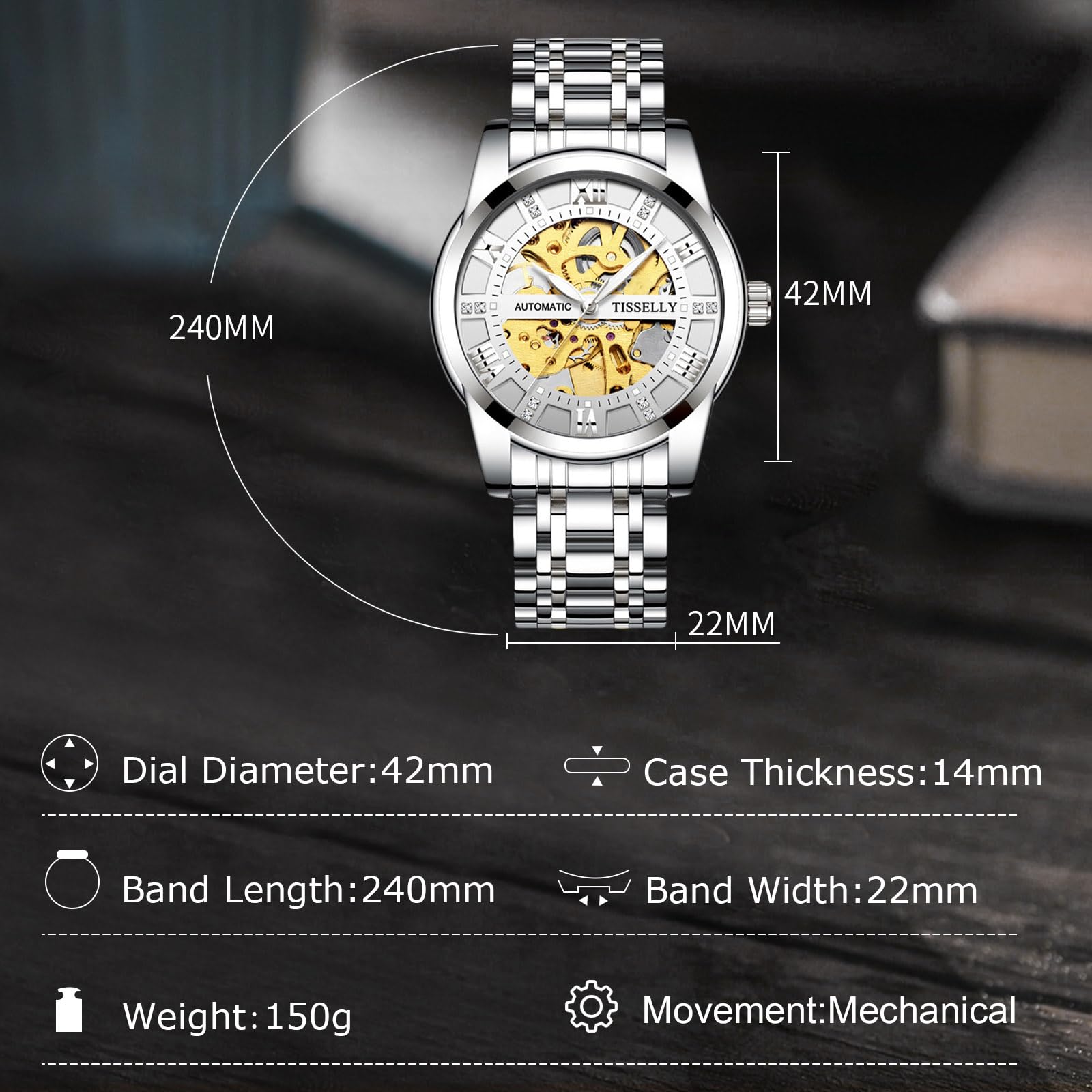 RORIOS Men's Automatic Watch - Minimalist Self-Winding Mechanical Wristwatch with Luminous Skeleton Dial & Steel Strap for Business & Casual Wear