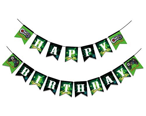 Happy Birthday Banner for Gamers - Video Game Party Decor with 'Game On' & 'Level Up' Designs - Perfect for Boys & Kids Gaming Birthday Parties - Black | Ideal for Gaming Themed Celebrations, Streamer Events & Esports Decorations