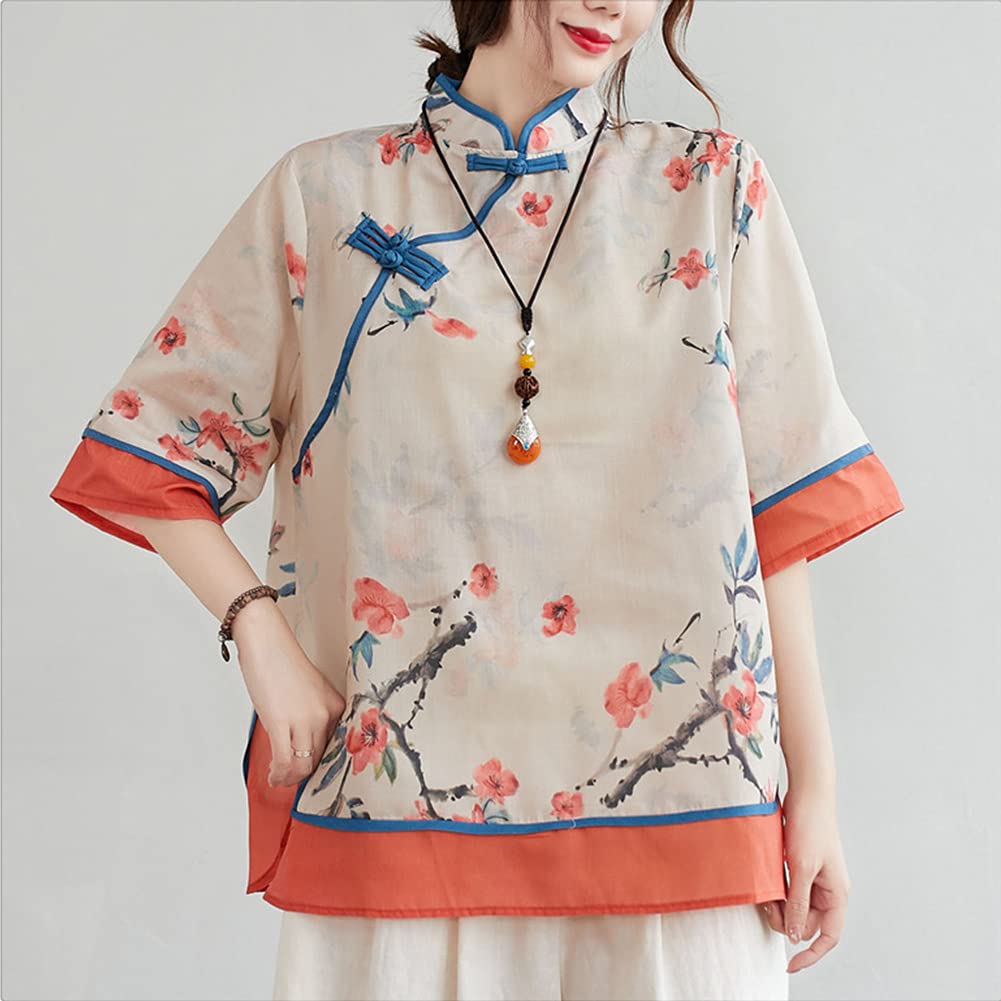 LUZU JUNU Women's Summer Linen Shirt - Elegant Retro Chinese Frog Button Floral Tunic Blouse | Breathable Casual Top for Beach, Vacation & Everyday Wear