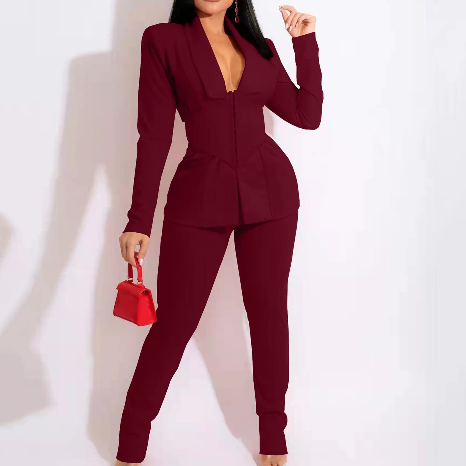 Elegant Women's Pant Suits for Wedding Guest, Office & Business - Slim Fit V-Neck Two Piece Professional Outfit Set (Red, Size M) | Perfect for Formal Events, Work Attire & Special Occasions