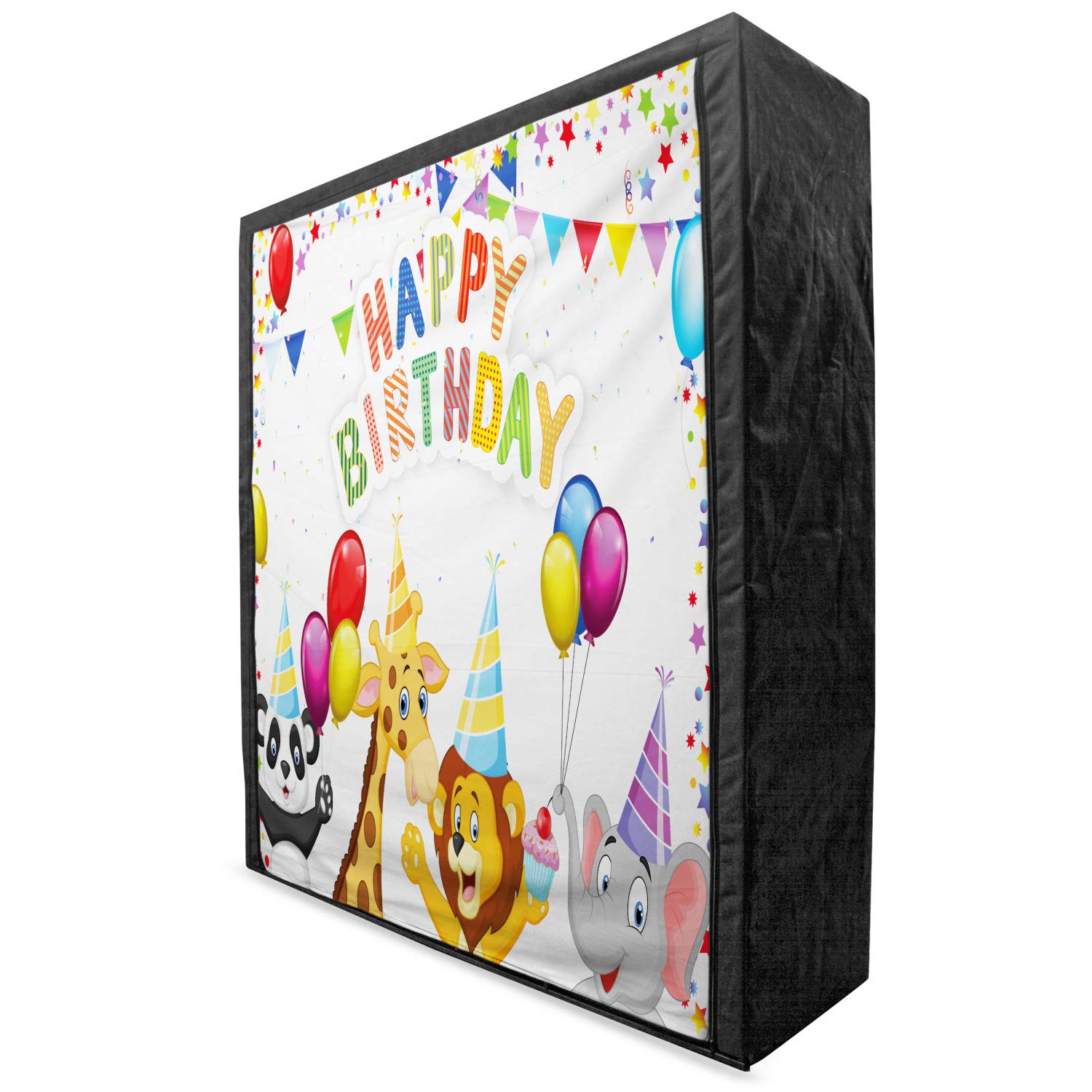 Ambesonne Birthday Portable Fabric Wardrobe - Cartoon Savannah Jungle Animals Party Design with Flags & Balloons - 59 Inch Multicolor Clothing Organizer & Storage Closet with Shelves - Perfect for Kids' Room, Dormitory, or Party Decoration