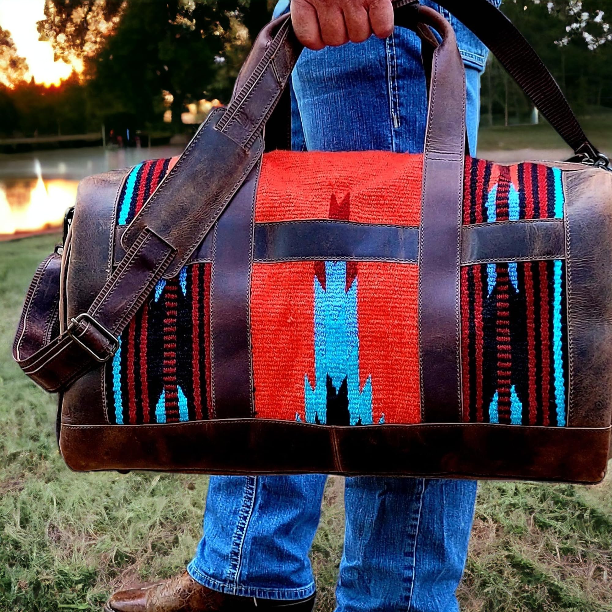 Handcrafted Vintage Brown Southwestern Leather Weekender Duffle Bag - Aztec Design, Antique Style - Perfect for Travel, Gym & Weekend Getaways (Sedona)