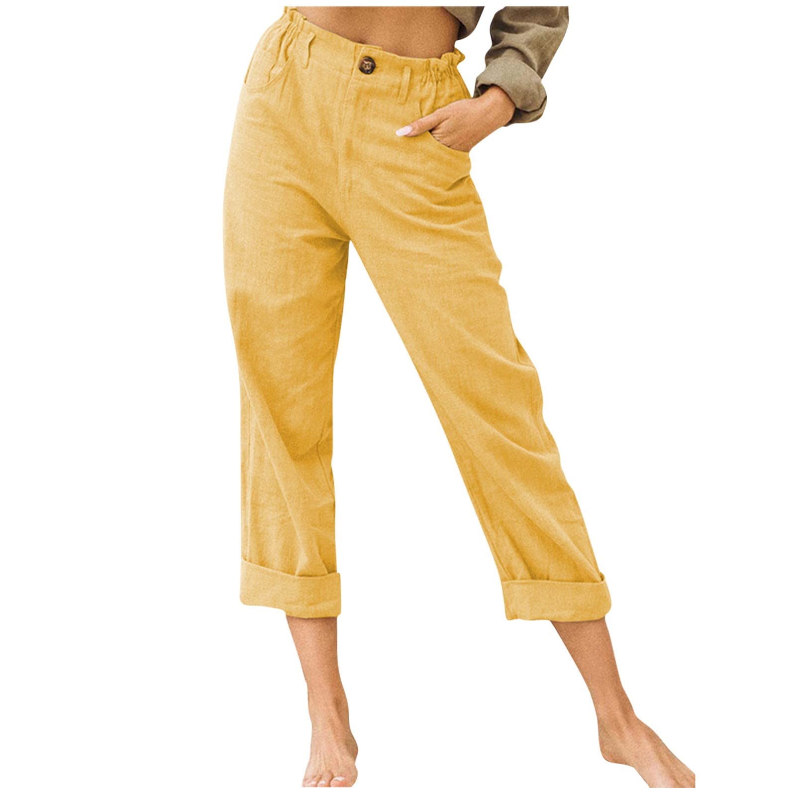 **Ausyst Women's Casual Solid Color Straight Pants with Pockets, Buttons & Elastic Waist – Comfortable Trousers for Work, Office & Everyday Wear**