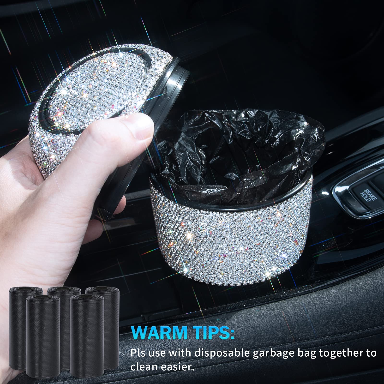 Bling Crystal Car Trash Can with Lid - Mini Auto Garbage Bin for Car, Office & Home - Includes 5 Pack Disposable Bags - Perfect for Women's Vehicles & Cup Holder Use - Silver