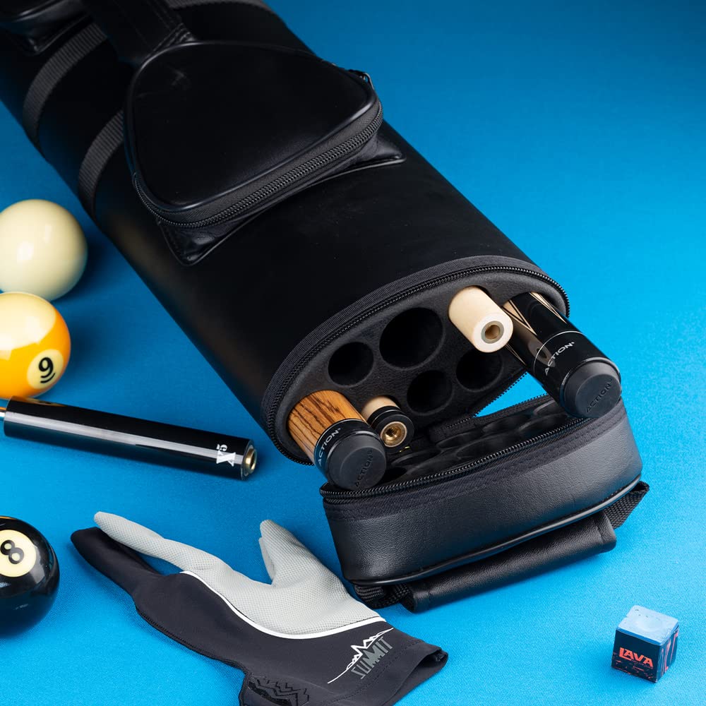 Premium Action Vinyl Pool Cue Case - Holds 3 Butt & 5 Shafts - Durable Billiard Accessory for Professional Players & Home Use